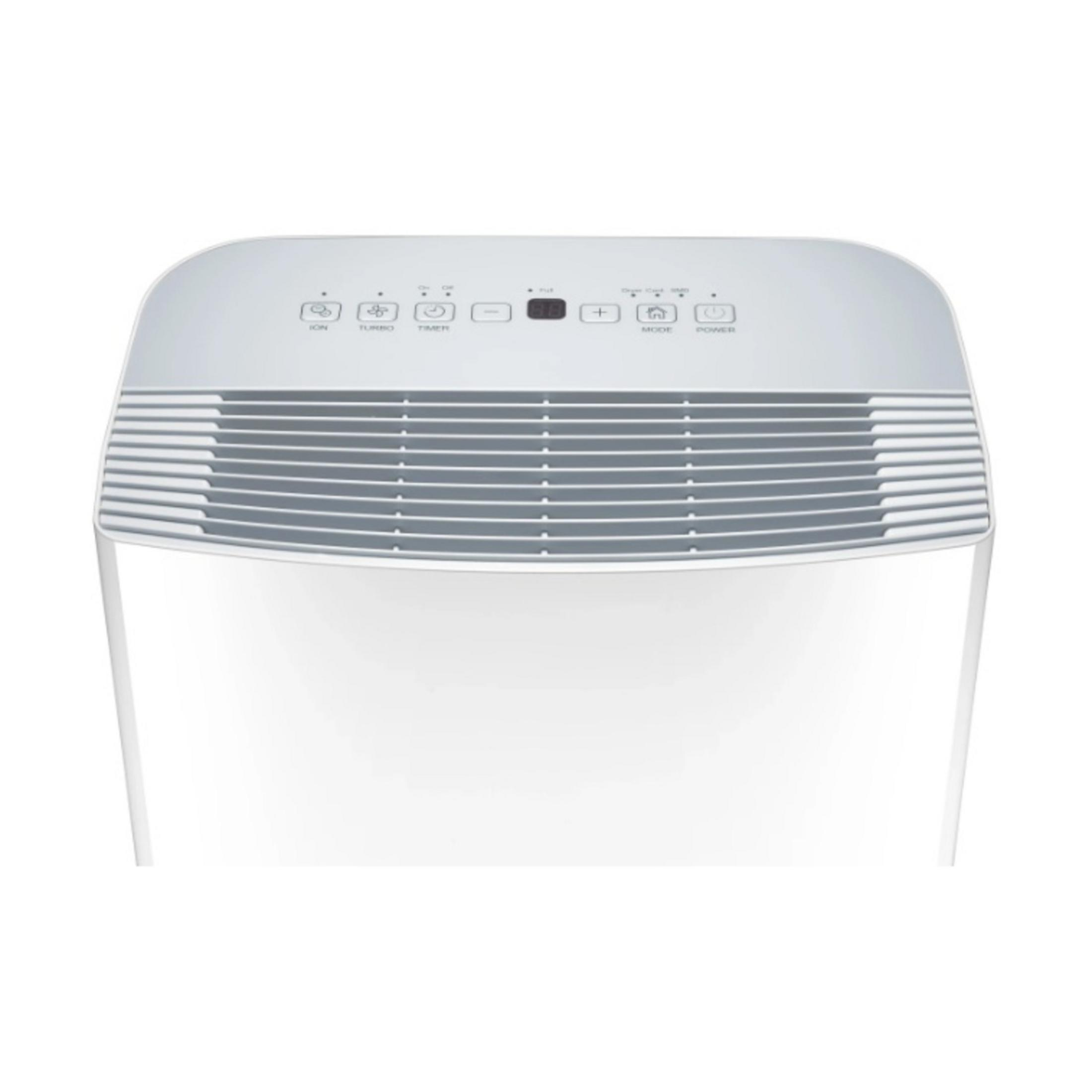 Biały oczyszczacz powietrza ze srebrnymi otworami wentylacyjnymi i przyciskami sterowania na górze.