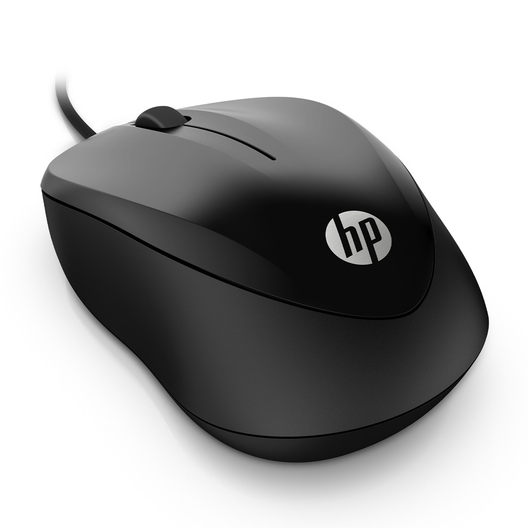 Czarna mysz komputerowa HP z kółkiem przewijania i kablem, na białym tle.