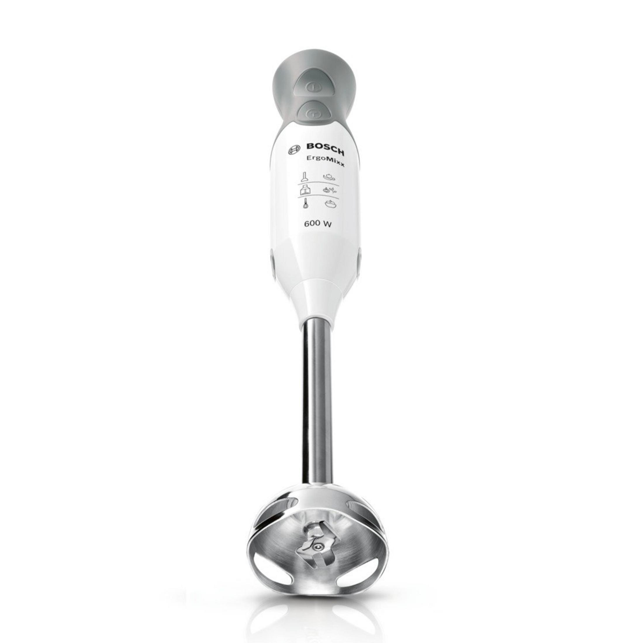 Un frullatore a immersione bianco con stelo e lama argentati, logo Bosch.
