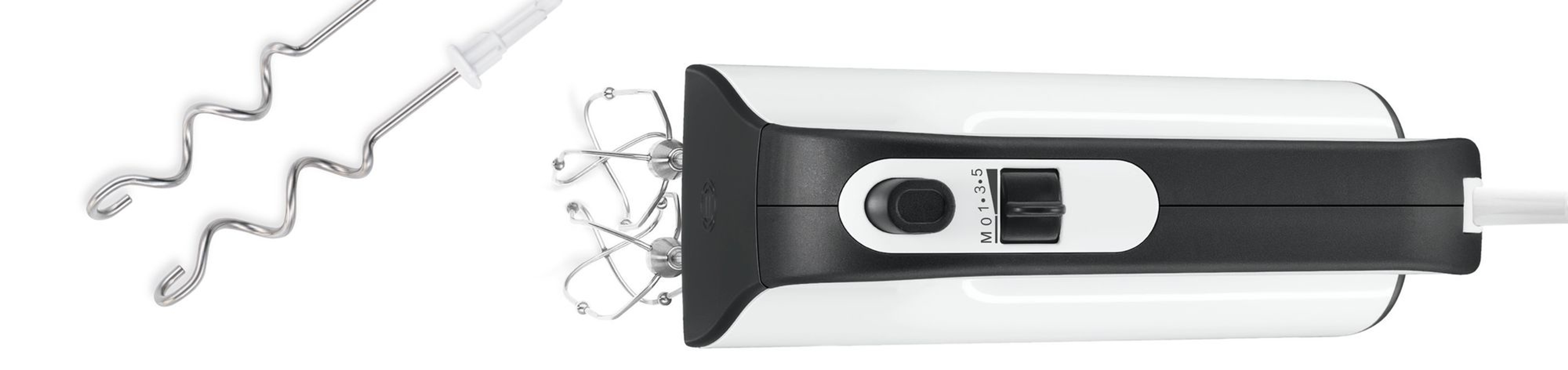 Biały mikser ręczny z czarnym uchwytem i metalowymi mieszadłami.