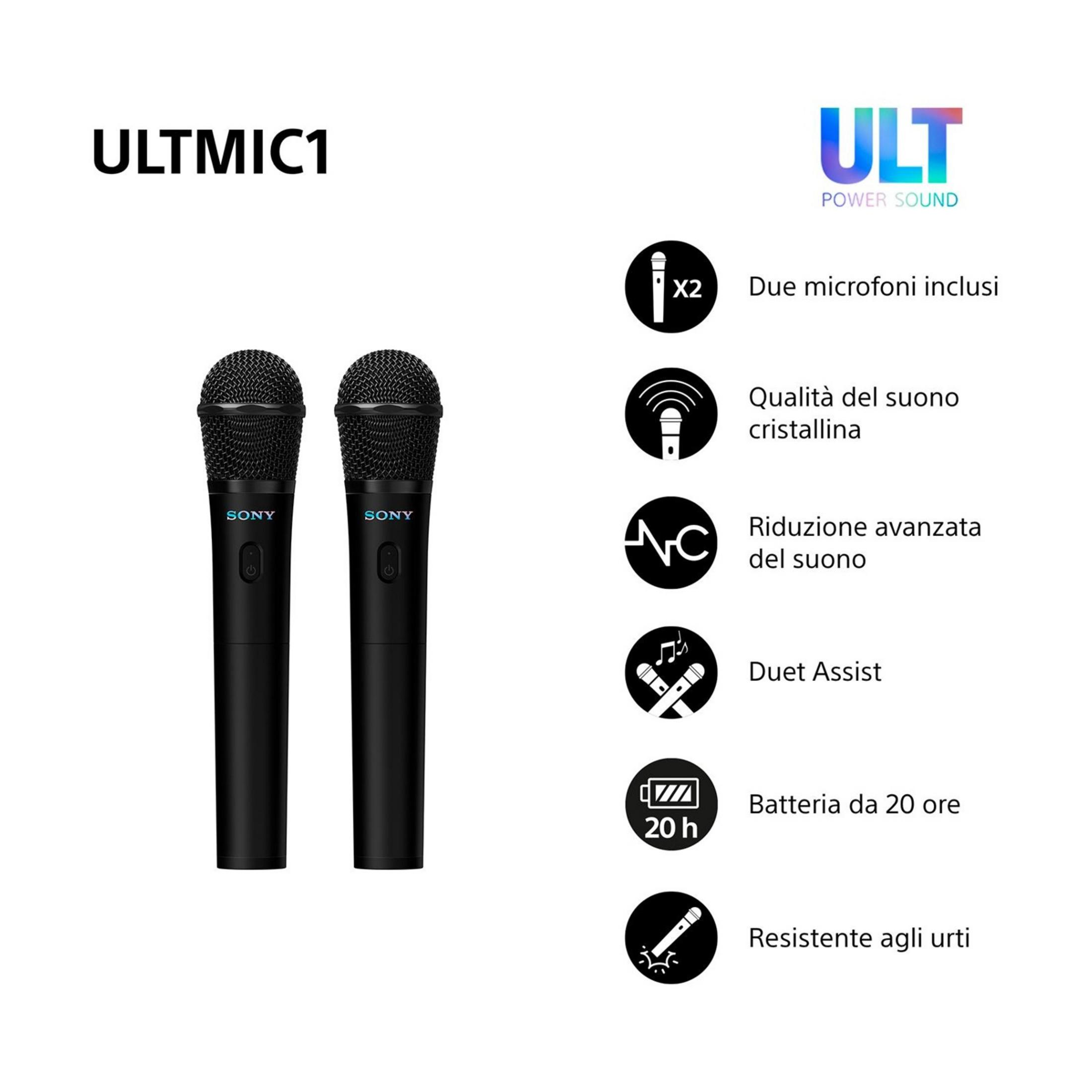 Dwa czarne mikrofony z logo SONY i symbolem zasilania.