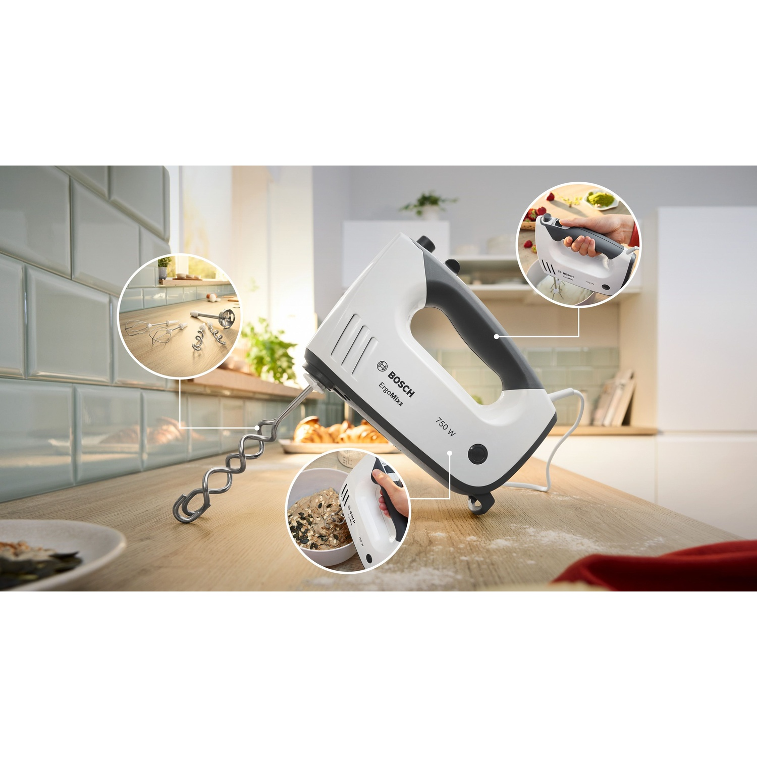 Ein weißer Bosch Handmixer mit Rührbesen auf einer Holzoberfläche.