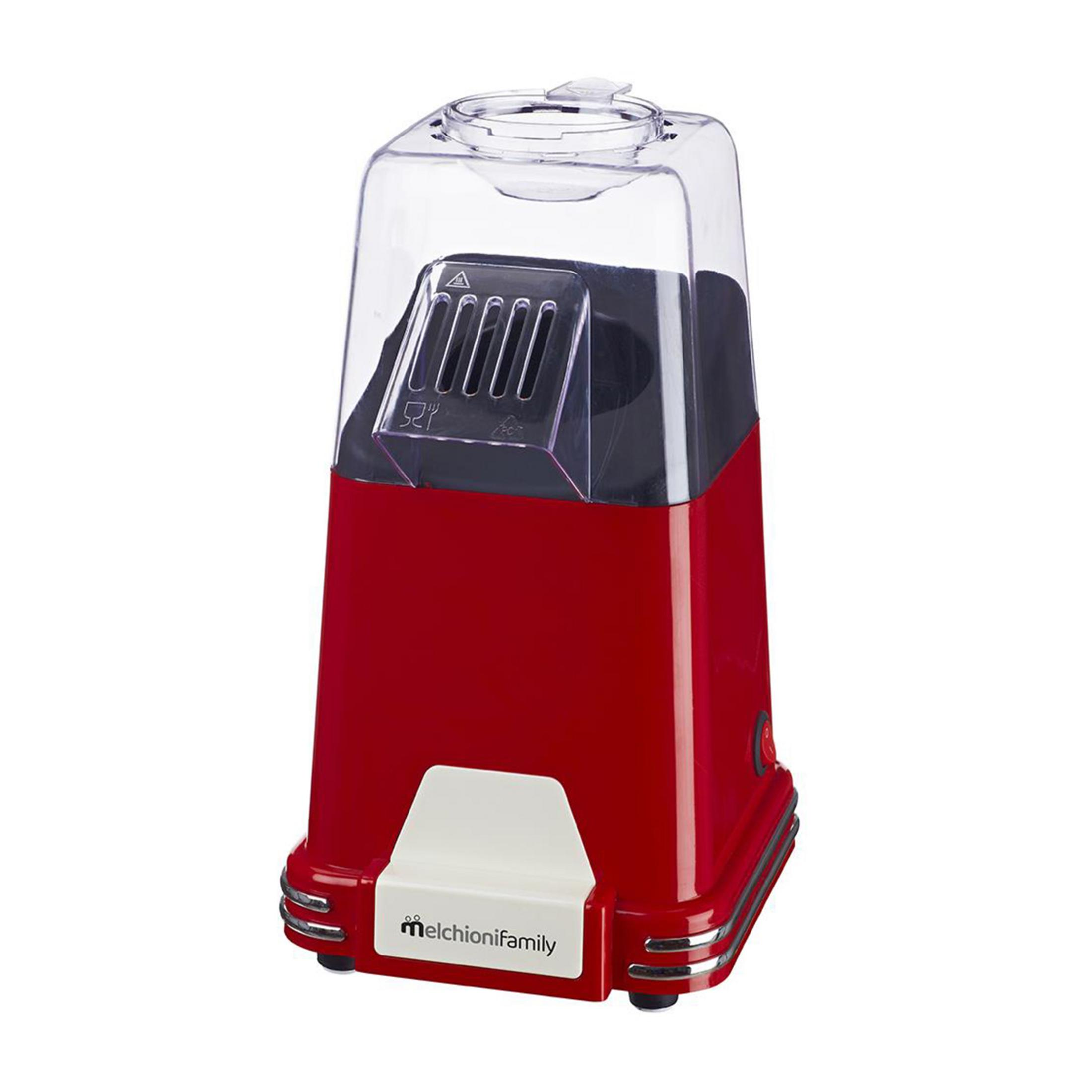 Rote Popcornmaschine mit durchsichtigem Deckel und silbernen Akzenten.