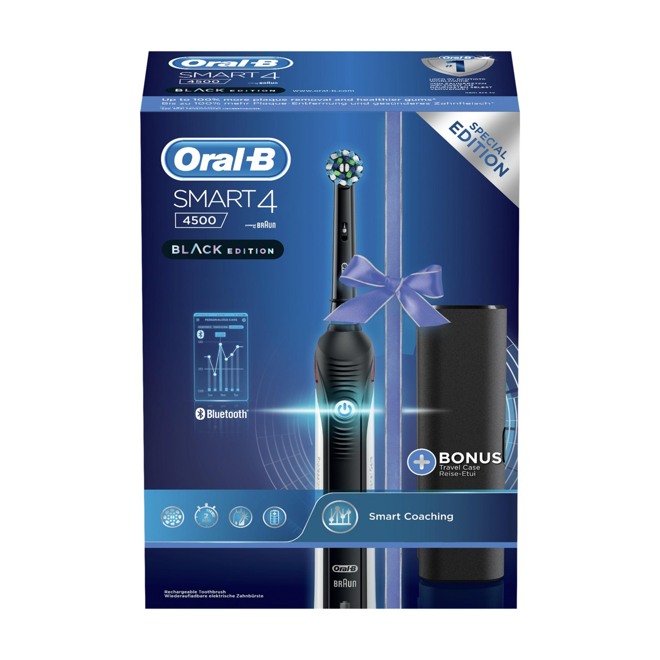 Szczoteczka Oral-B Smart 4 Black Edition z etui podróżnym i niebieską kokardką.