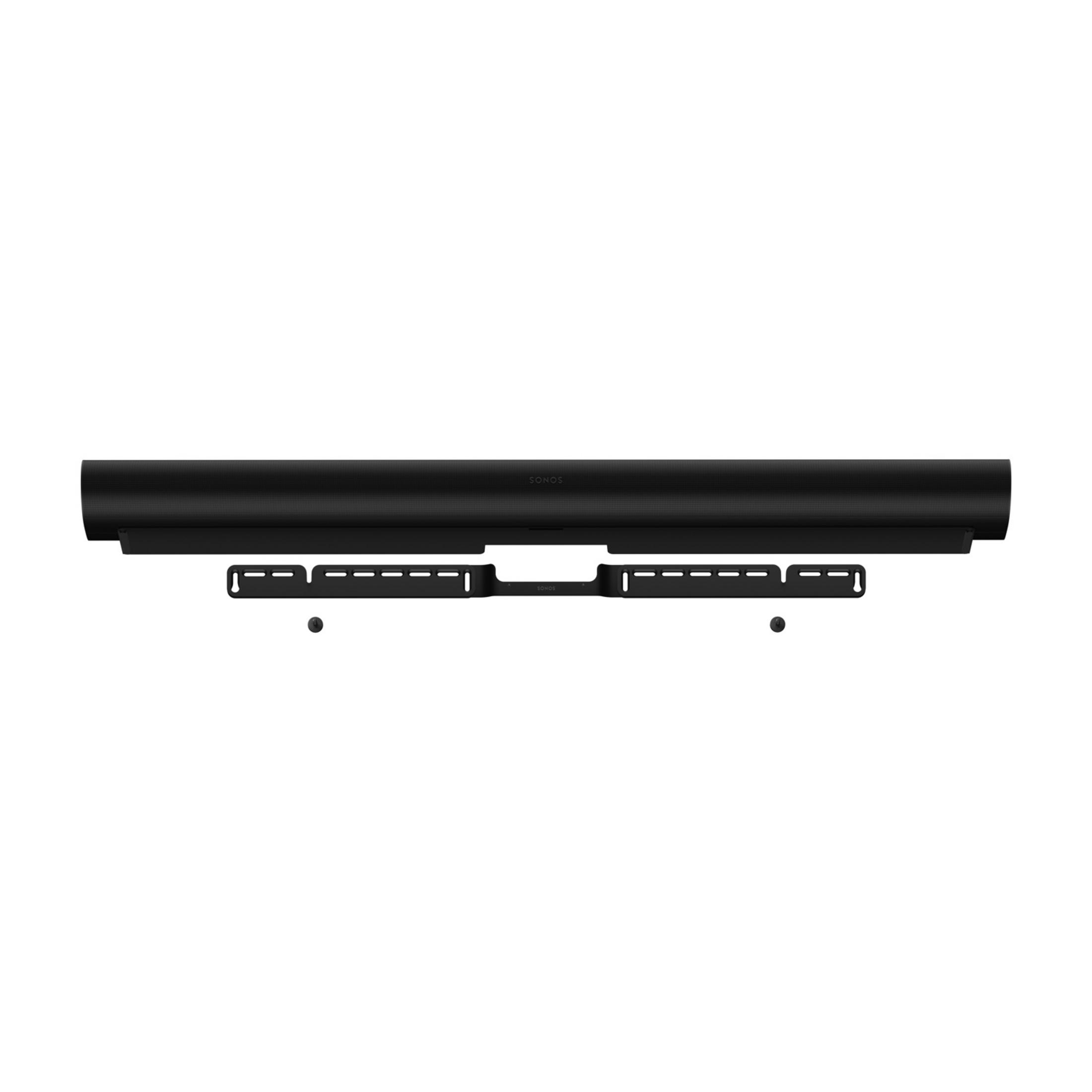 Schwarzer Sonos Soundbar mit Wandhalterung und Schrauben.