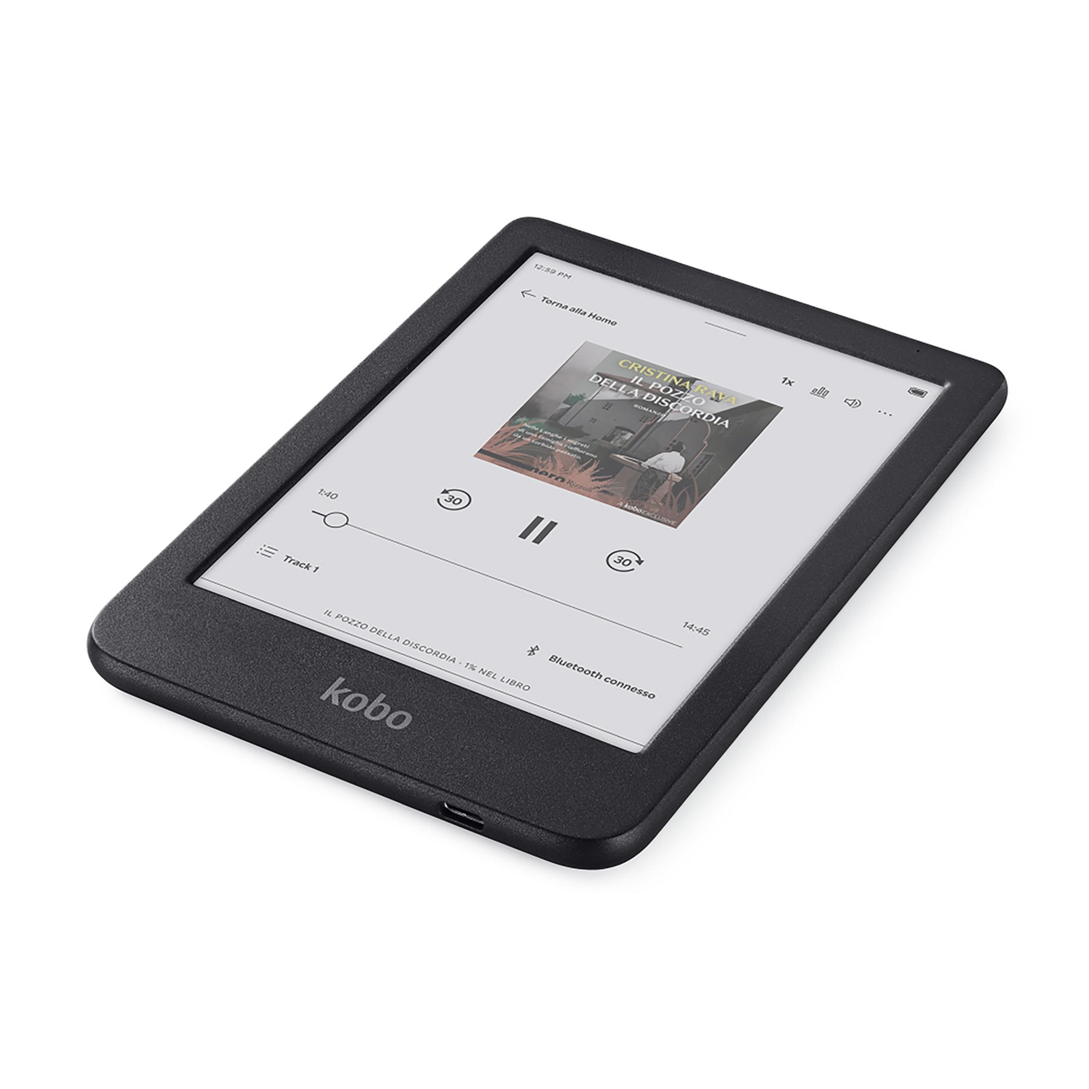 Czarny czytnik Kobo wyświetla okładkę książki i kontrolki odtwarzania.