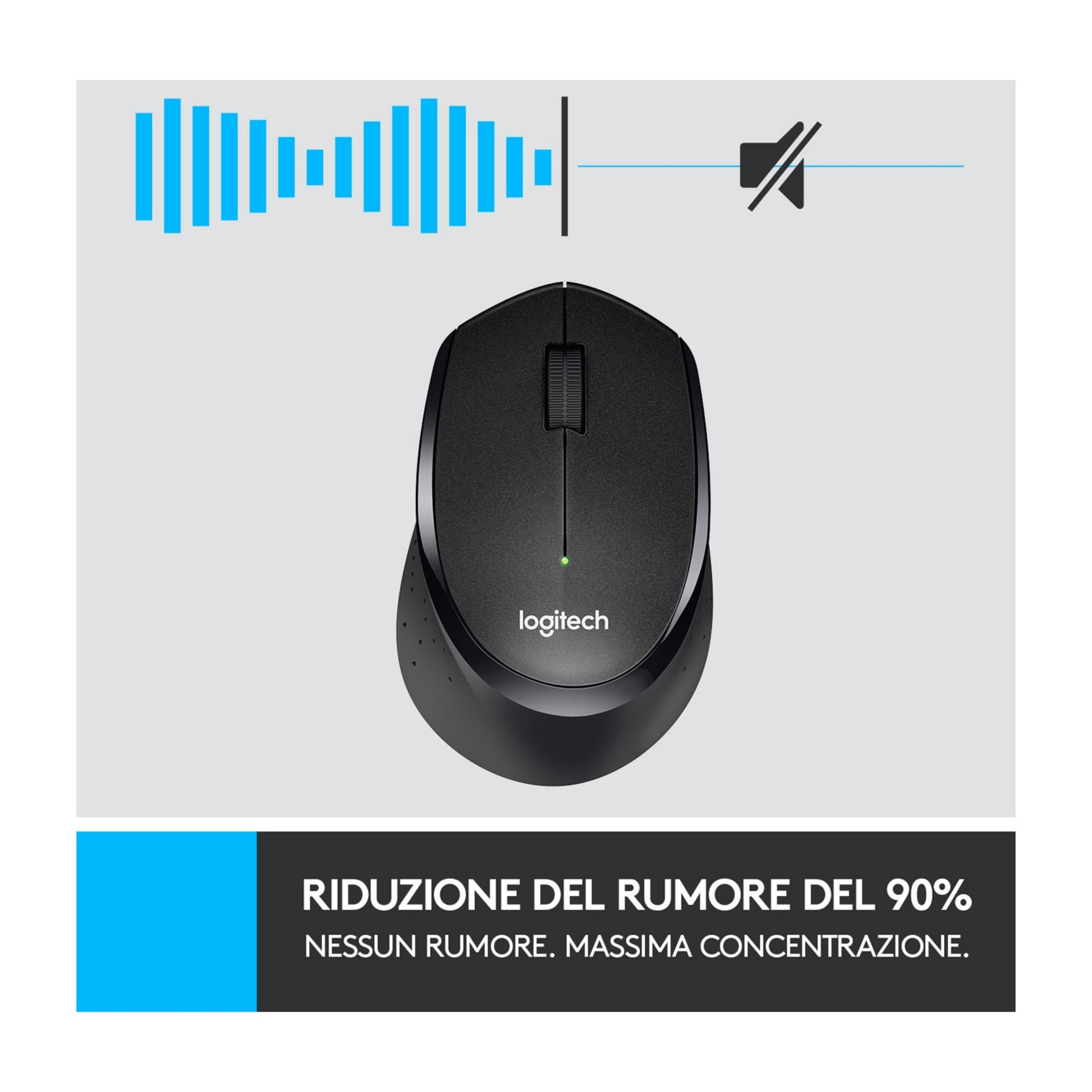 Schwarze Logitech-Maus mit Geräuschreduzierungssymbolen oben.