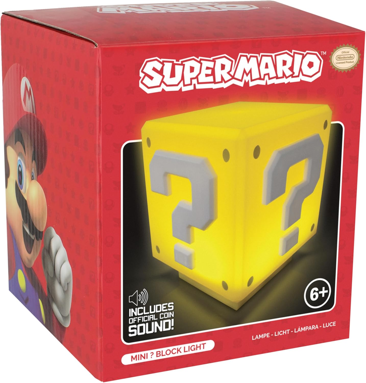 Lampada blocco punto interrogativo Super Mario su scatola rossa a motivi con Mario.