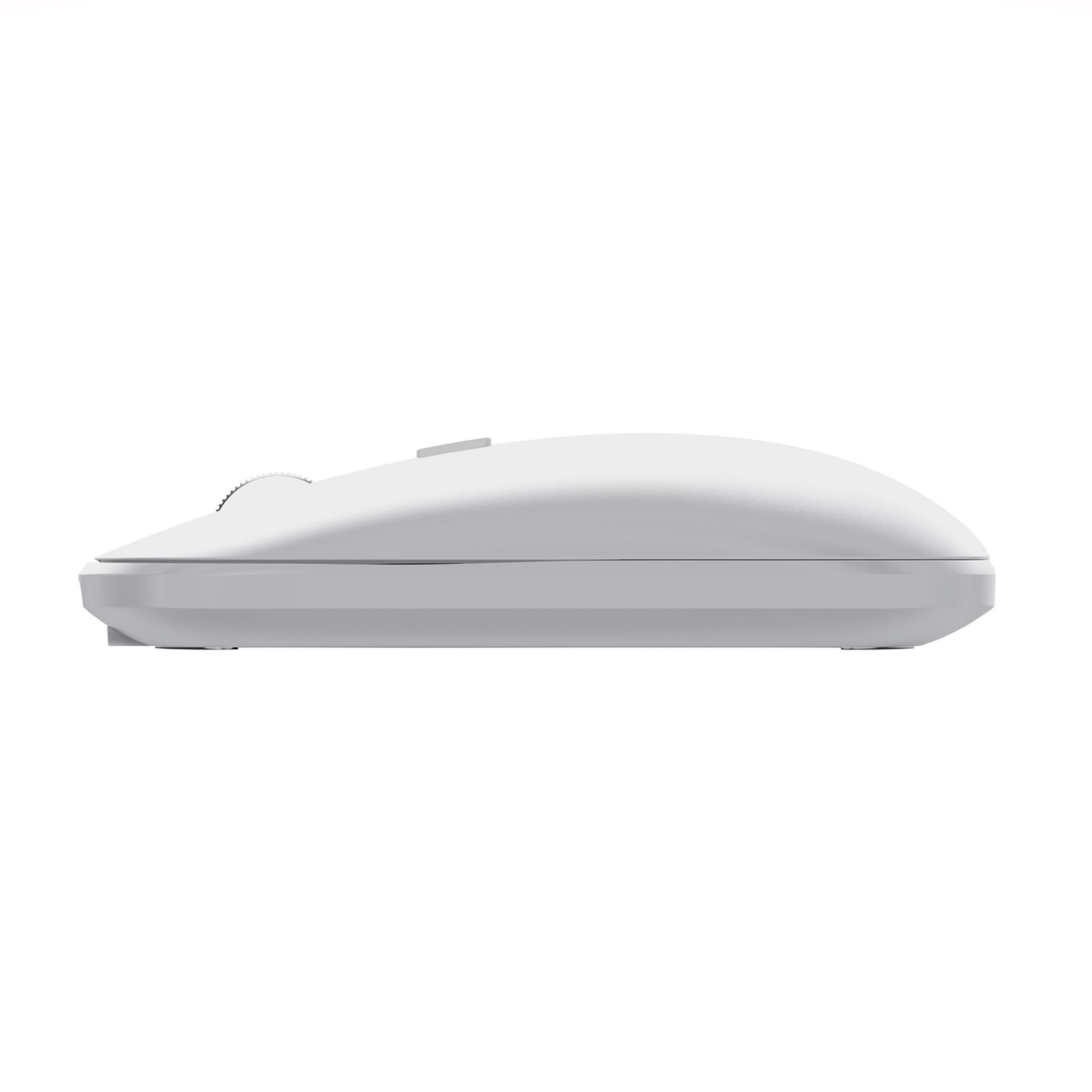 Un mouse bianco con rotellina e pulsante, visto di lato.