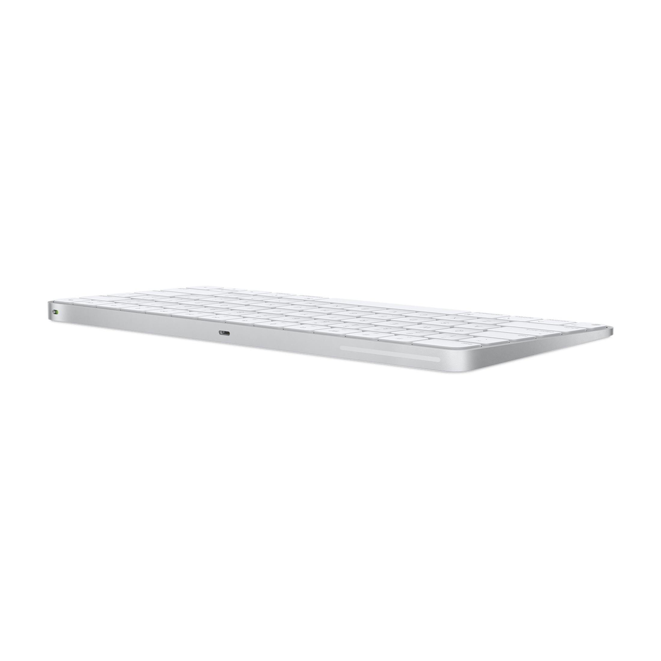 Ein schlankes, silbernes Apple Magic Keyboard liegt auf einem weißen Hintergrund.