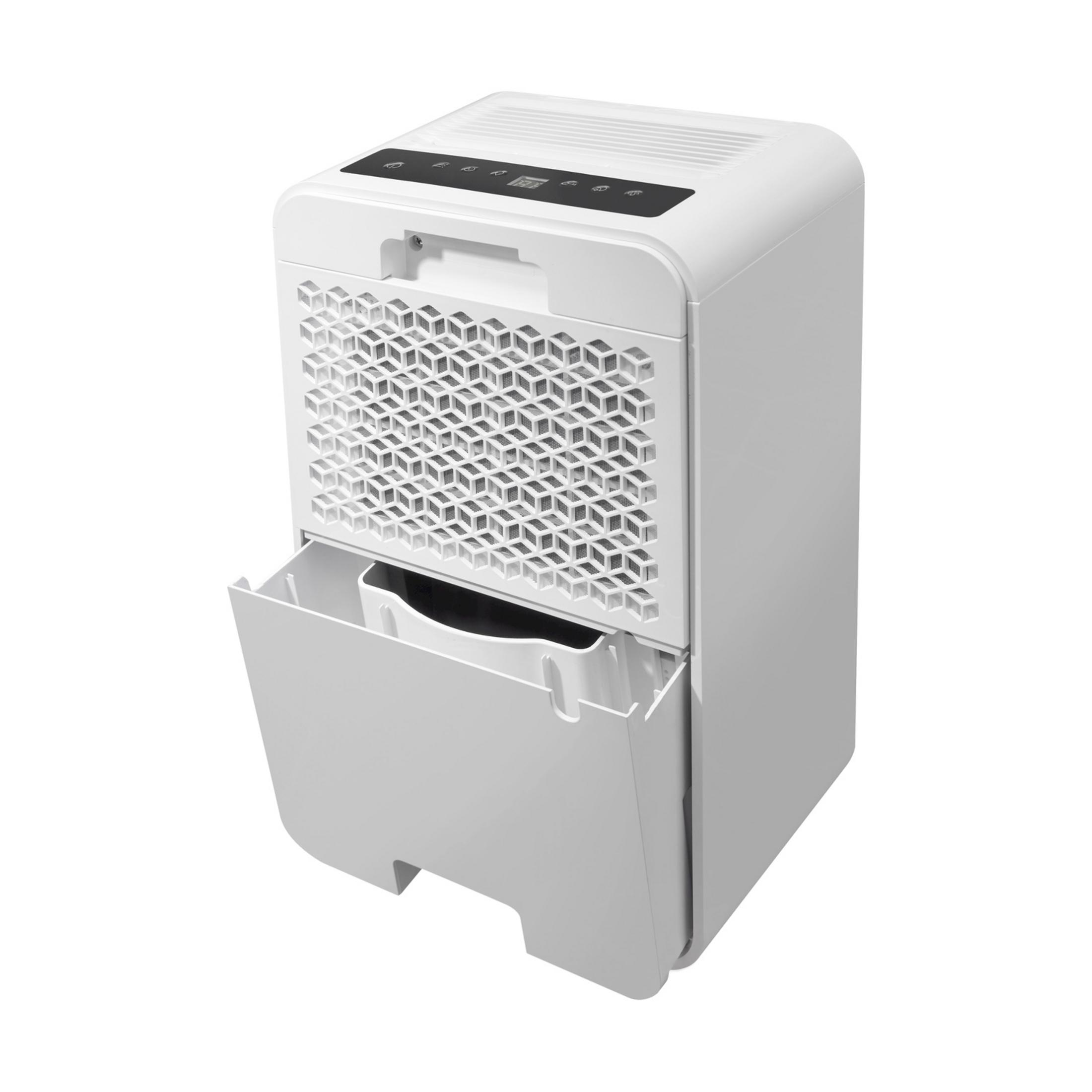 Biały osuszacz powietrza z wysuwanym zbiornikiem i kratką o strukturze plastra miodu.