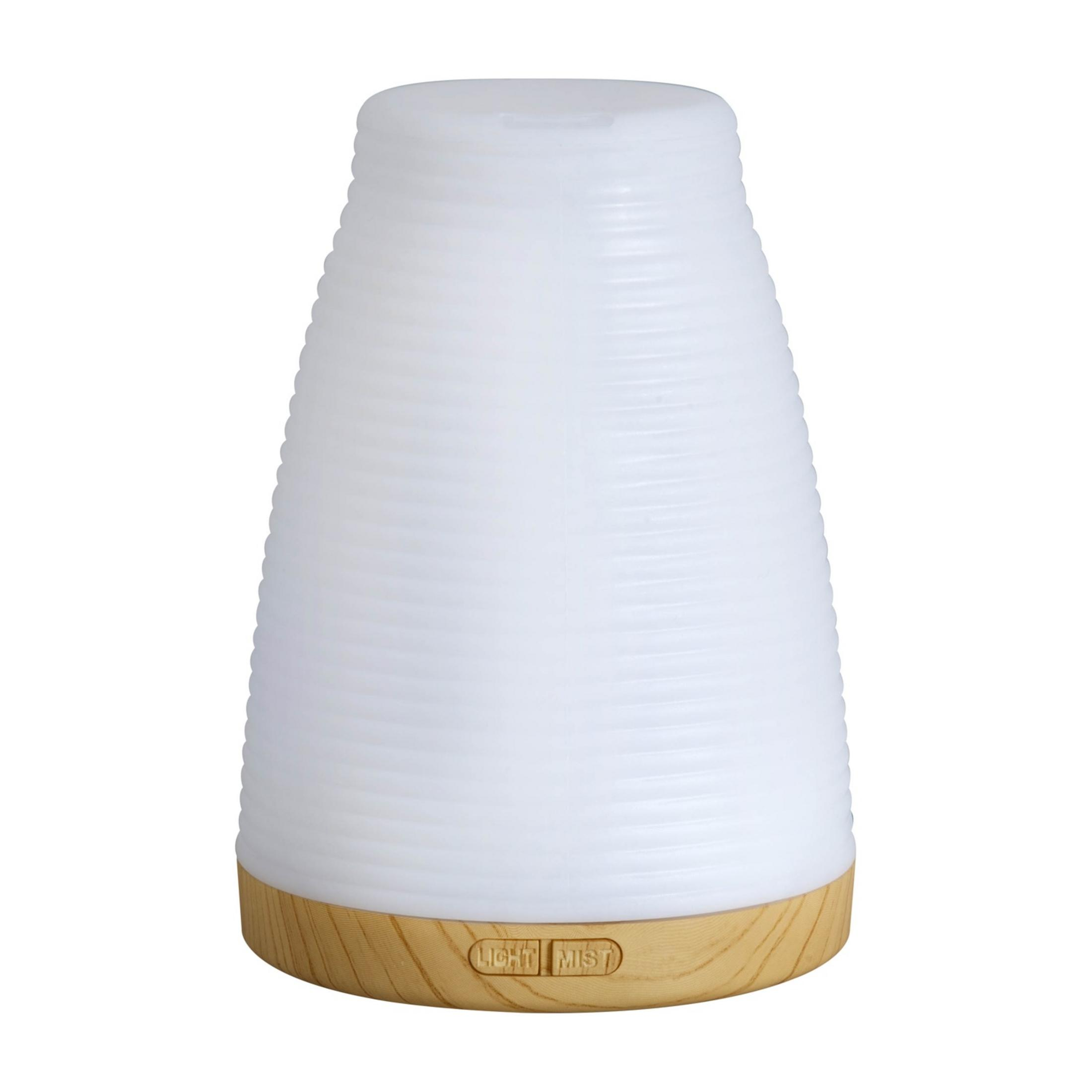 Ein weißer Diffusor mit Holzsockel und den Tasten "Light" und "Mist".