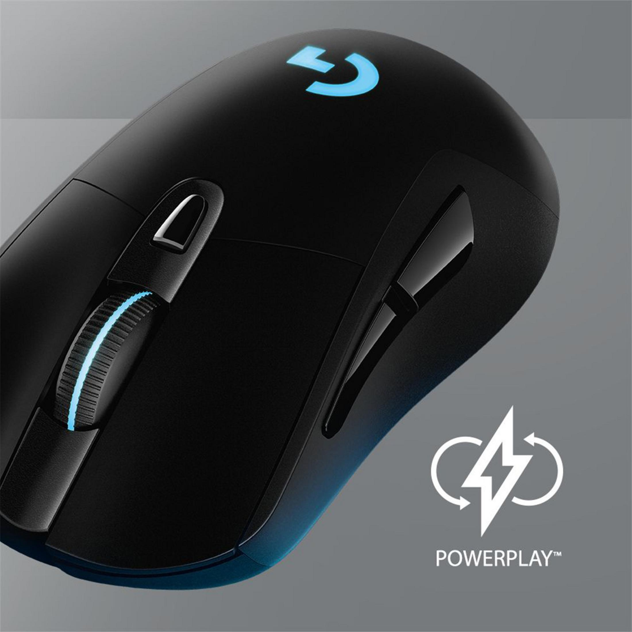 Zwarte Logitech muis met blauw verlicht logo en scrollwiel.