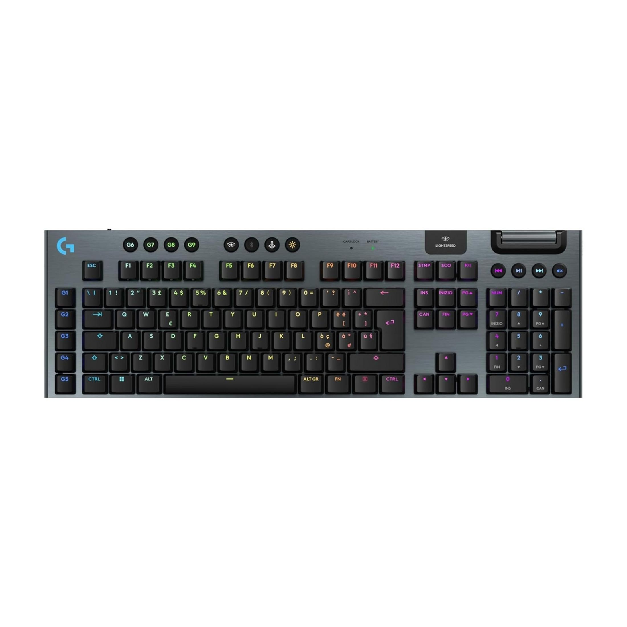Una tastiera gaming Logitech G nera con illuminazione RGB e tasti G programmabili.