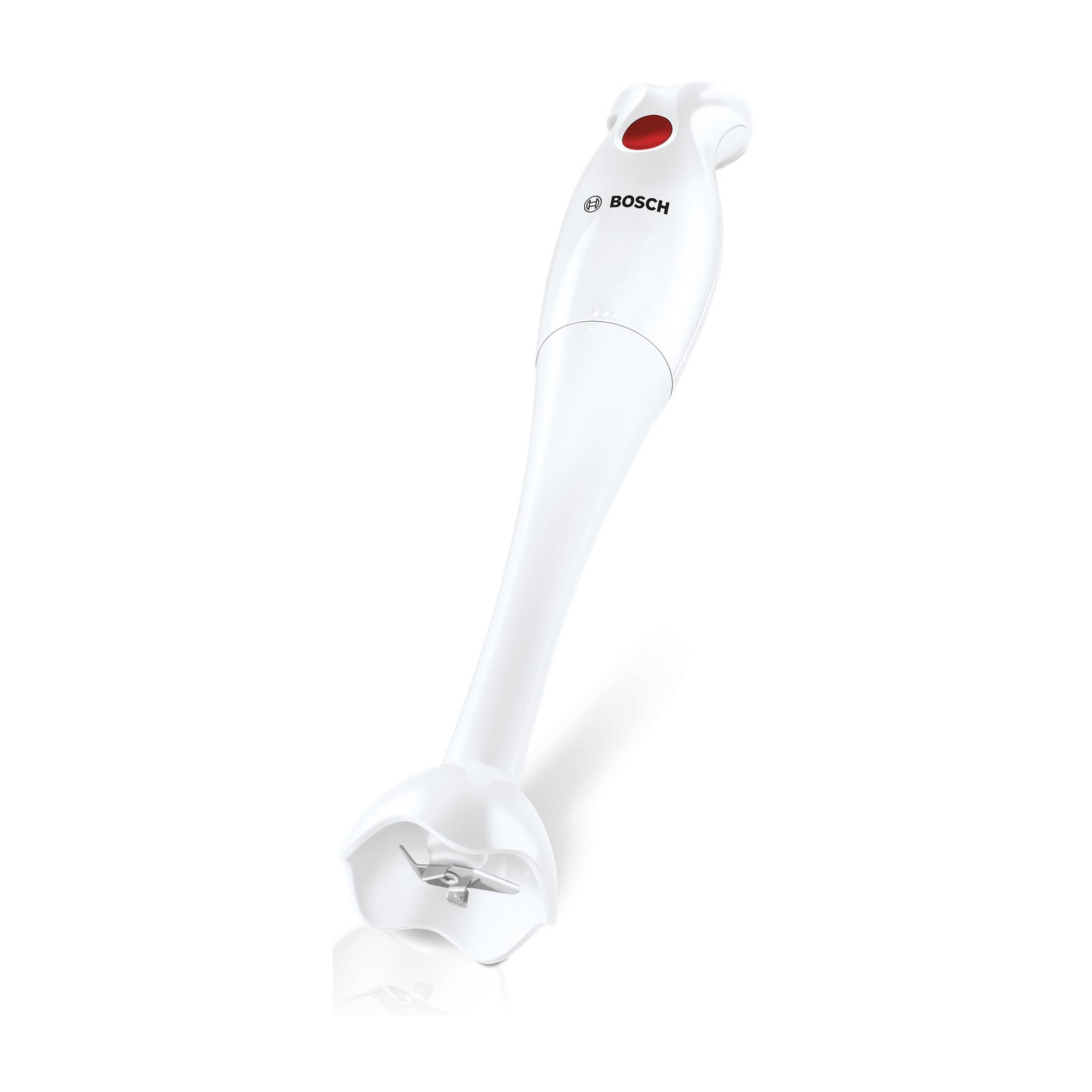 Biały blender ręczny Bosch z czerwonym przyciskiem i metalowymi ostrzami.