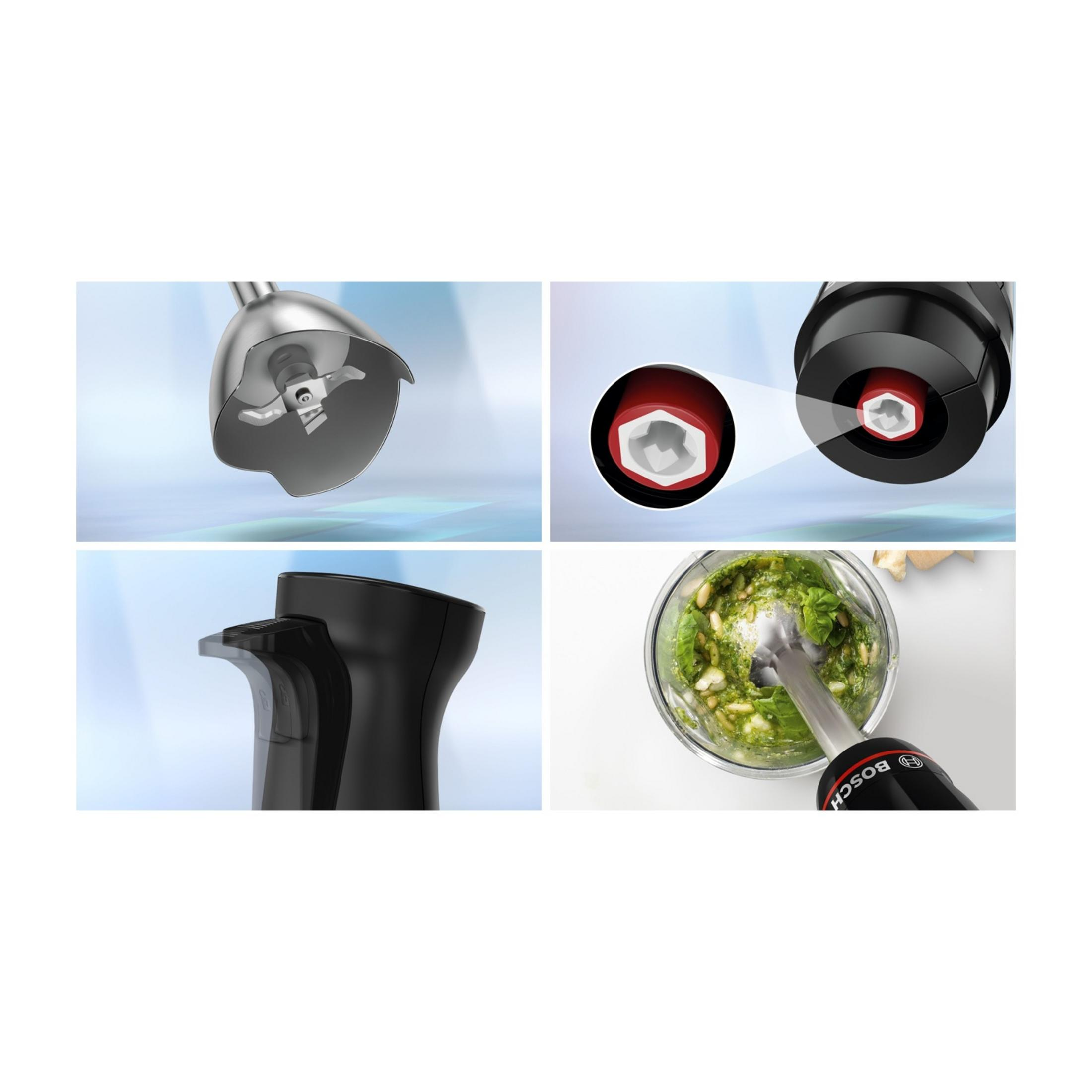 Detale blendera ręcznego: ostrze, połączenie, uchwyt i pesto w misce.