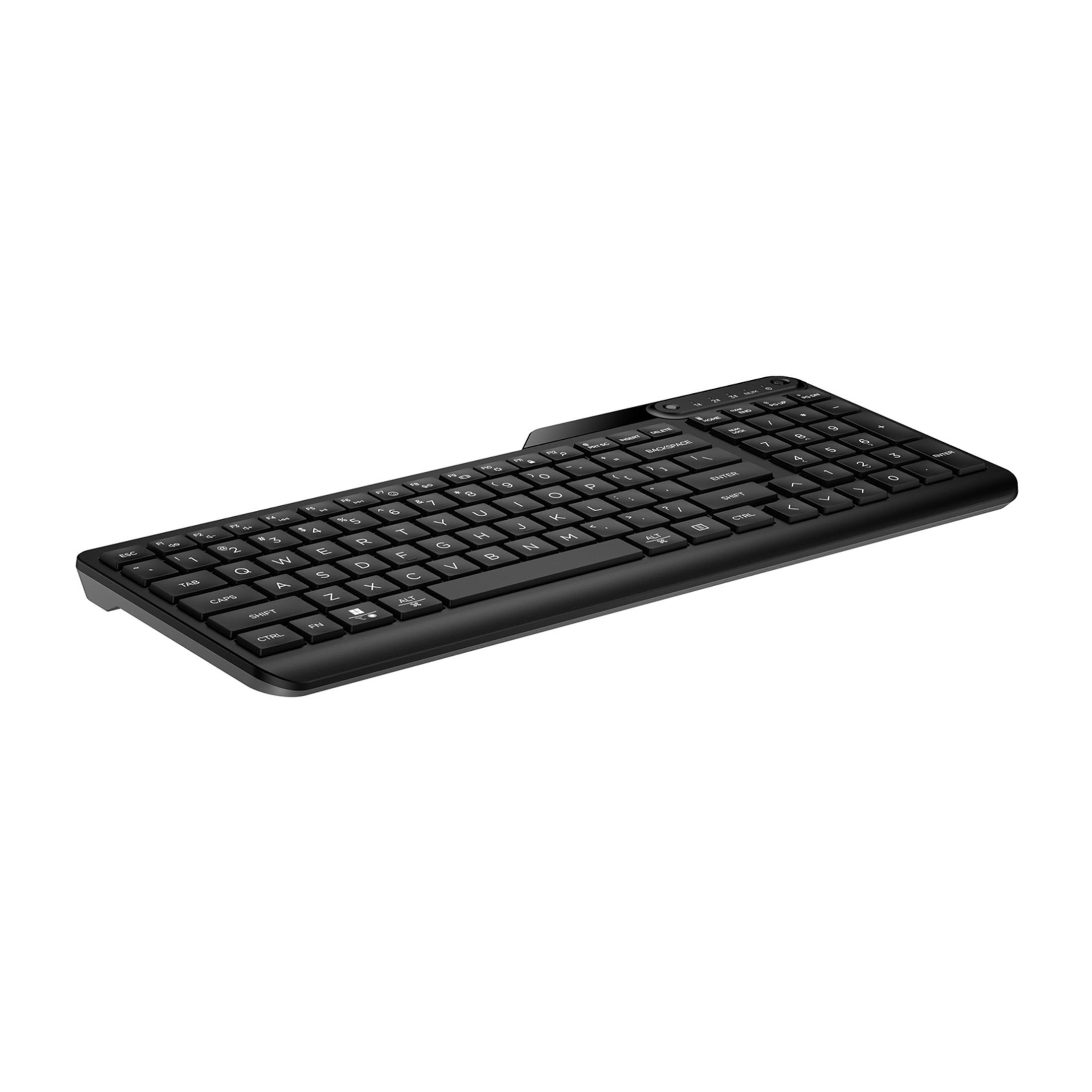 Teclado negro con teclas alfanuméricas sobre fondo blanco.