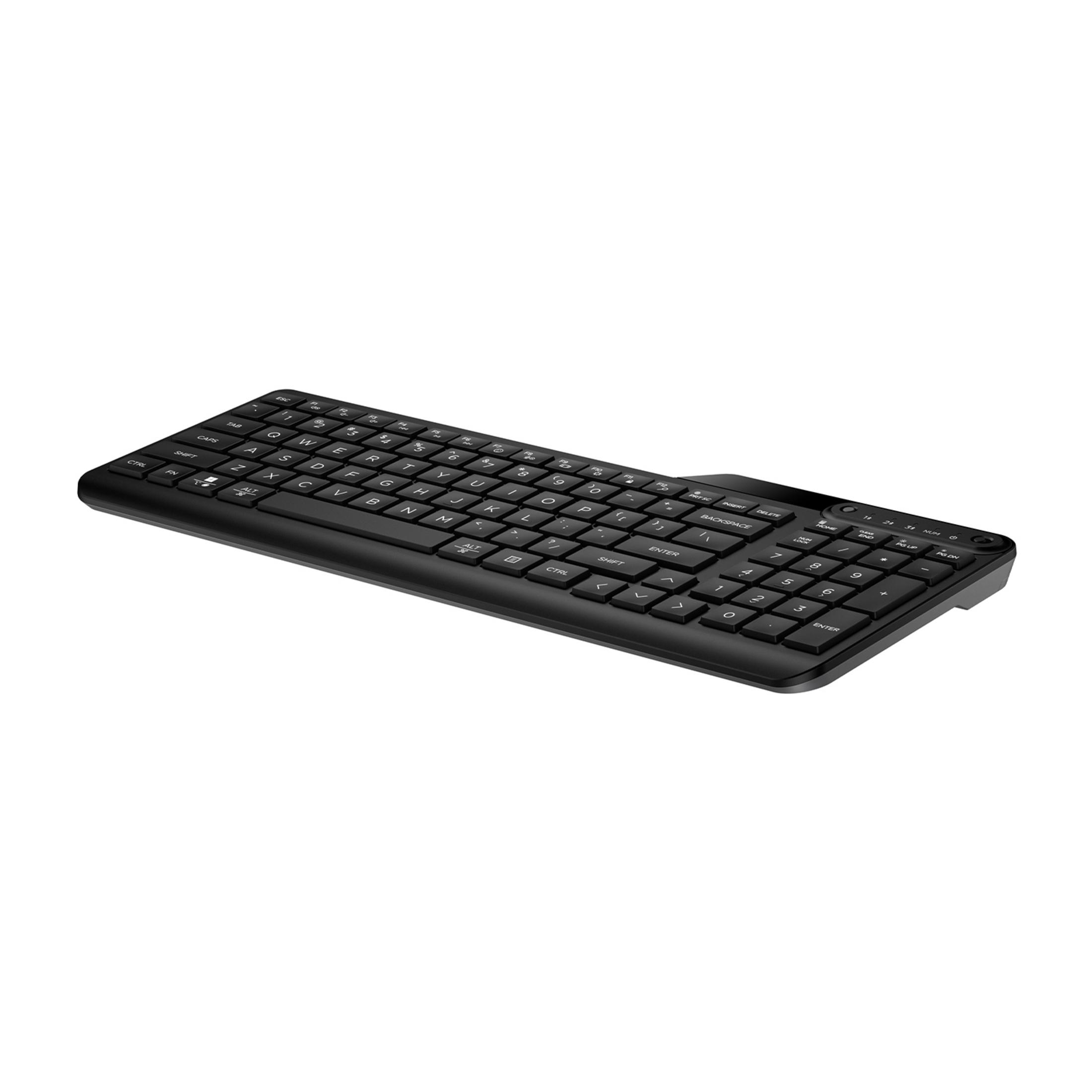 Teclado negro con teclado numérico y teclas de flecha sobre fondo blanco.