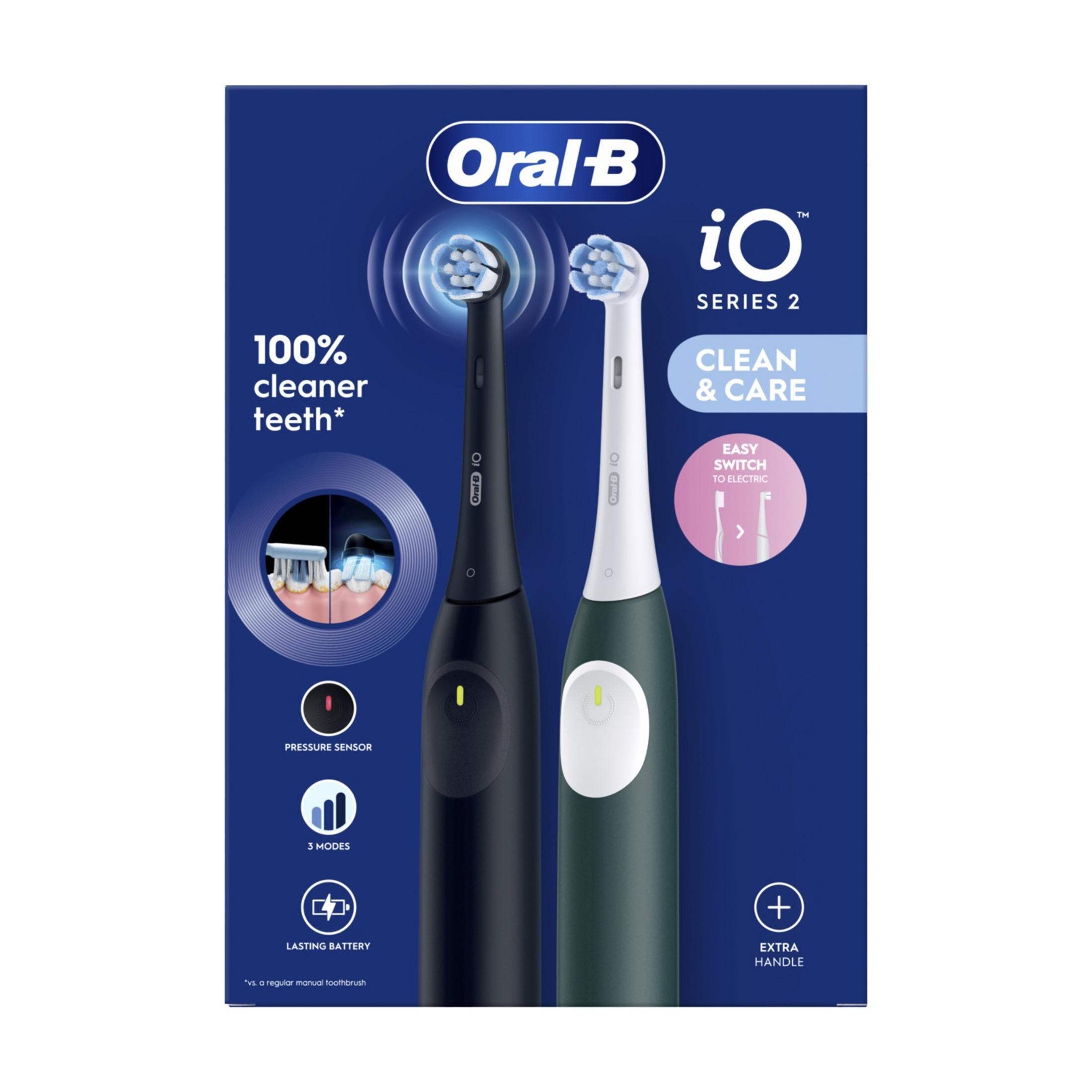 Oral-B iO Seria 2: Dwa elektryczne szczoteczki do zębów, czarna i zielona, z końcówkami.