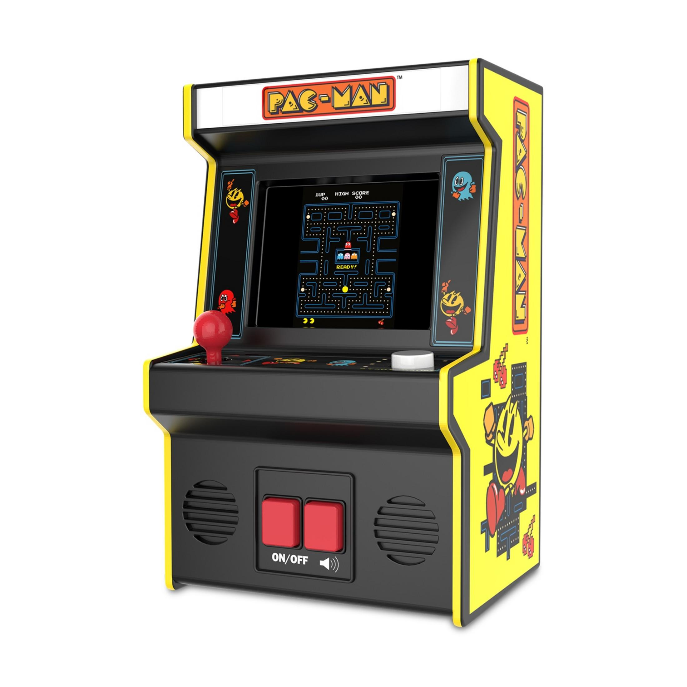 Una cabina arcade gialla di Pac-Man con joystick e schermo.