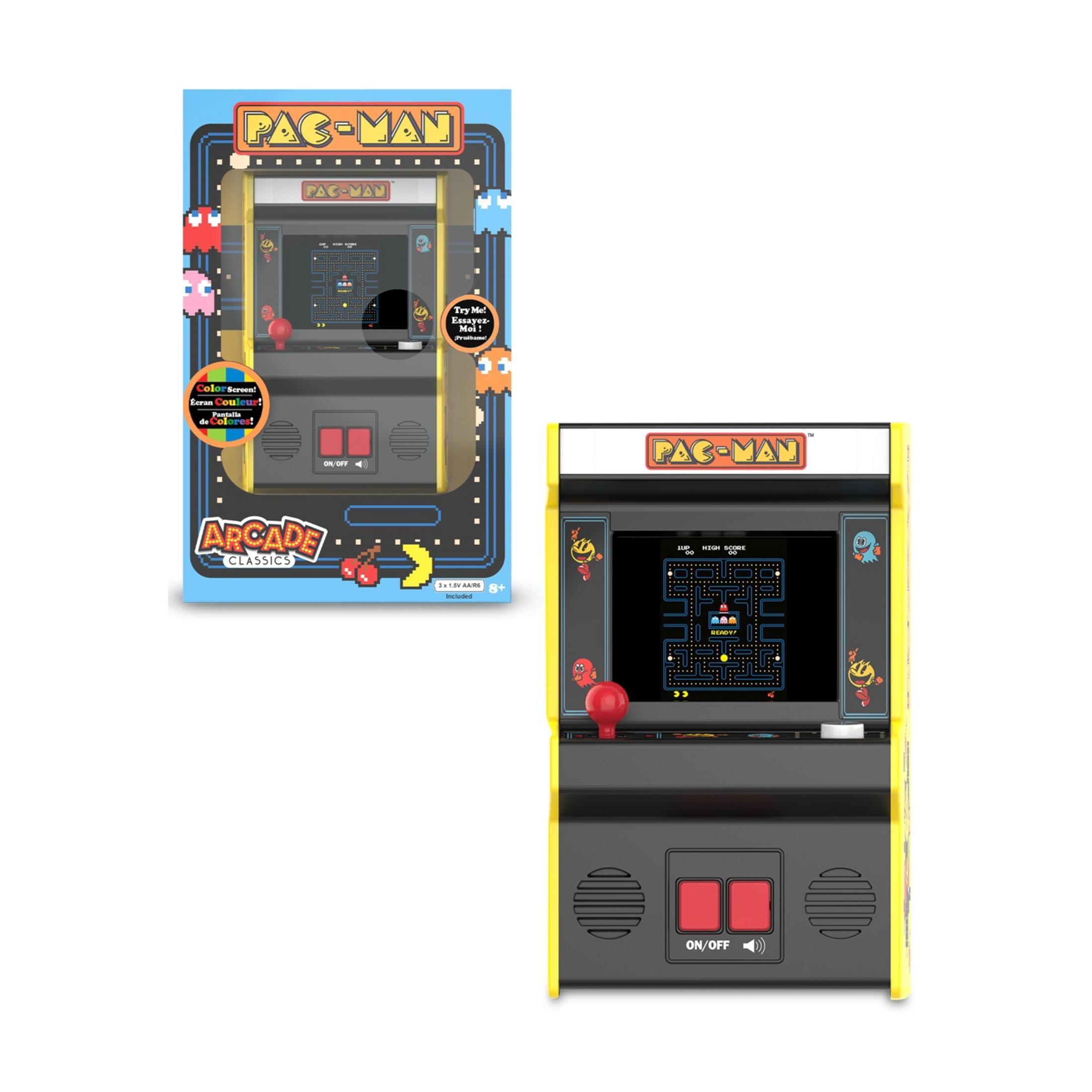 Un dispositivo arcade Pac-Man giallo con joystick e schermo che mostra il gioco.