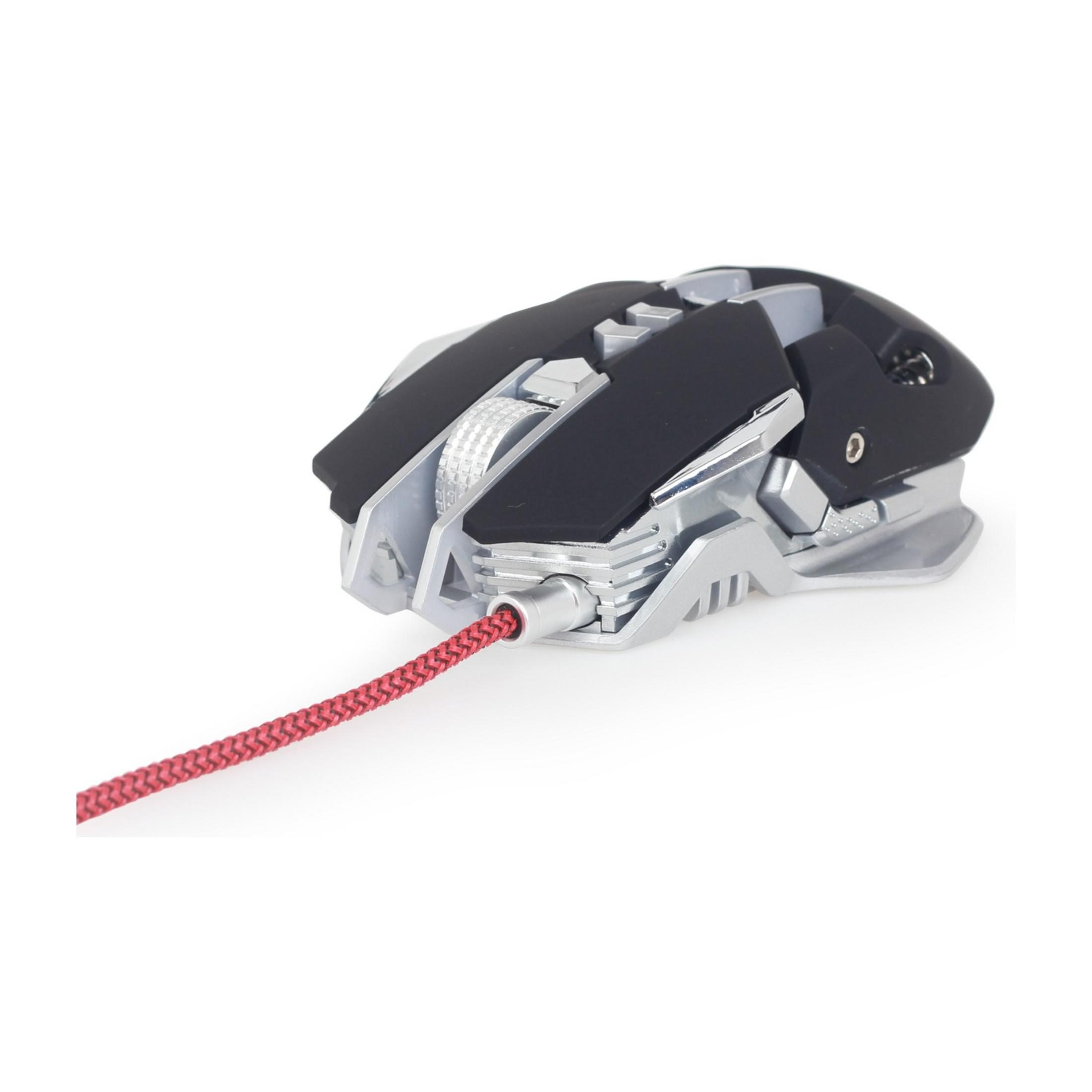 Czarna mysz gamingowa z srebrnymi akcentami i czerwonym kablem na białym tle.
