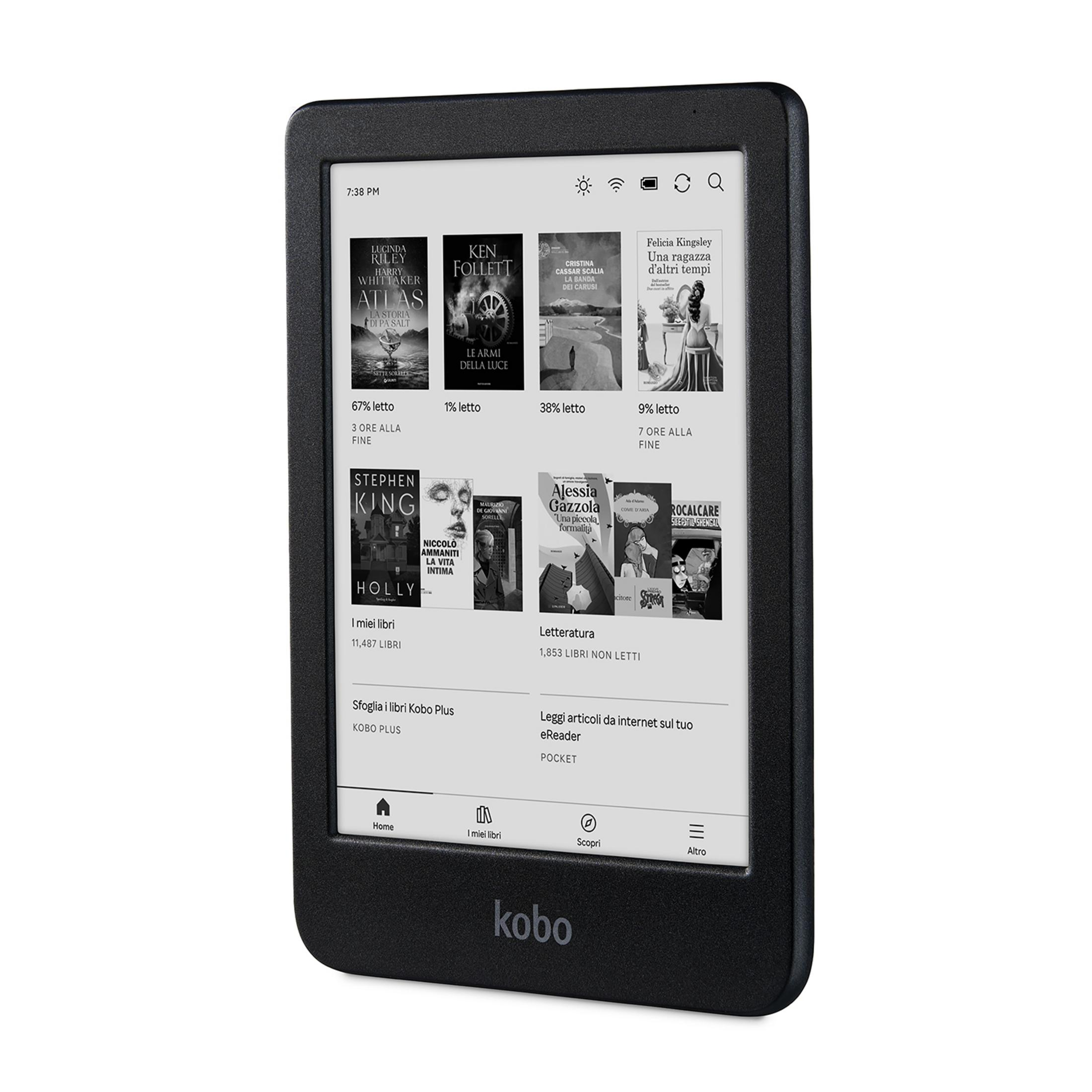 Czarny czytnik e-booków wyświetlający okładki książek i pasek nawigacji na dole.