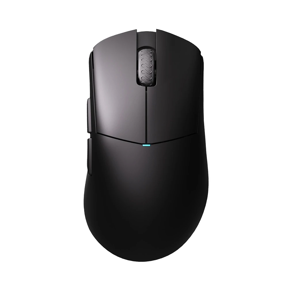 Un mouse wireless nero con rotella di scorrimento e spia blu.