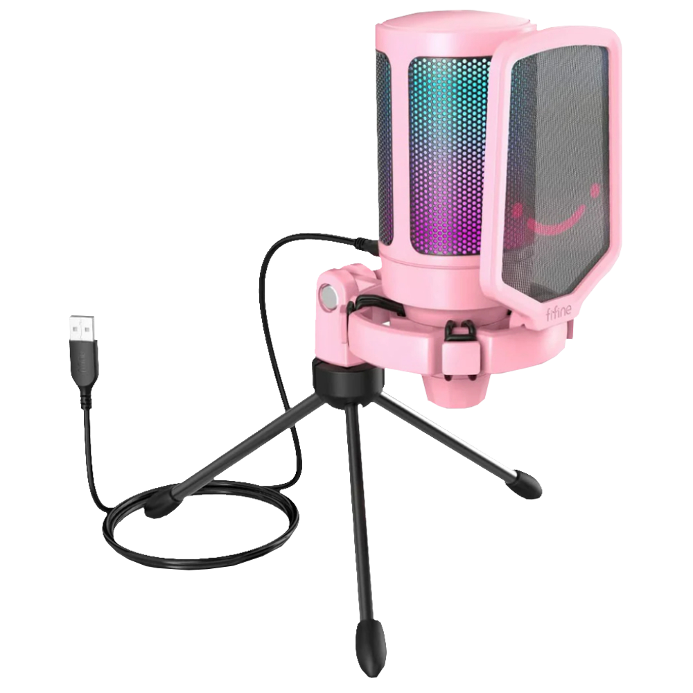 USB kablolu ve RGB aydınlatmalı pembe mikrofon tripod stand üzerinde.