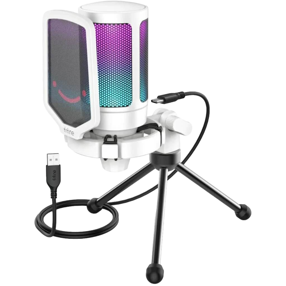 Tripod üzerinde RGB aydınlatmalı beyaz mikrofon.
