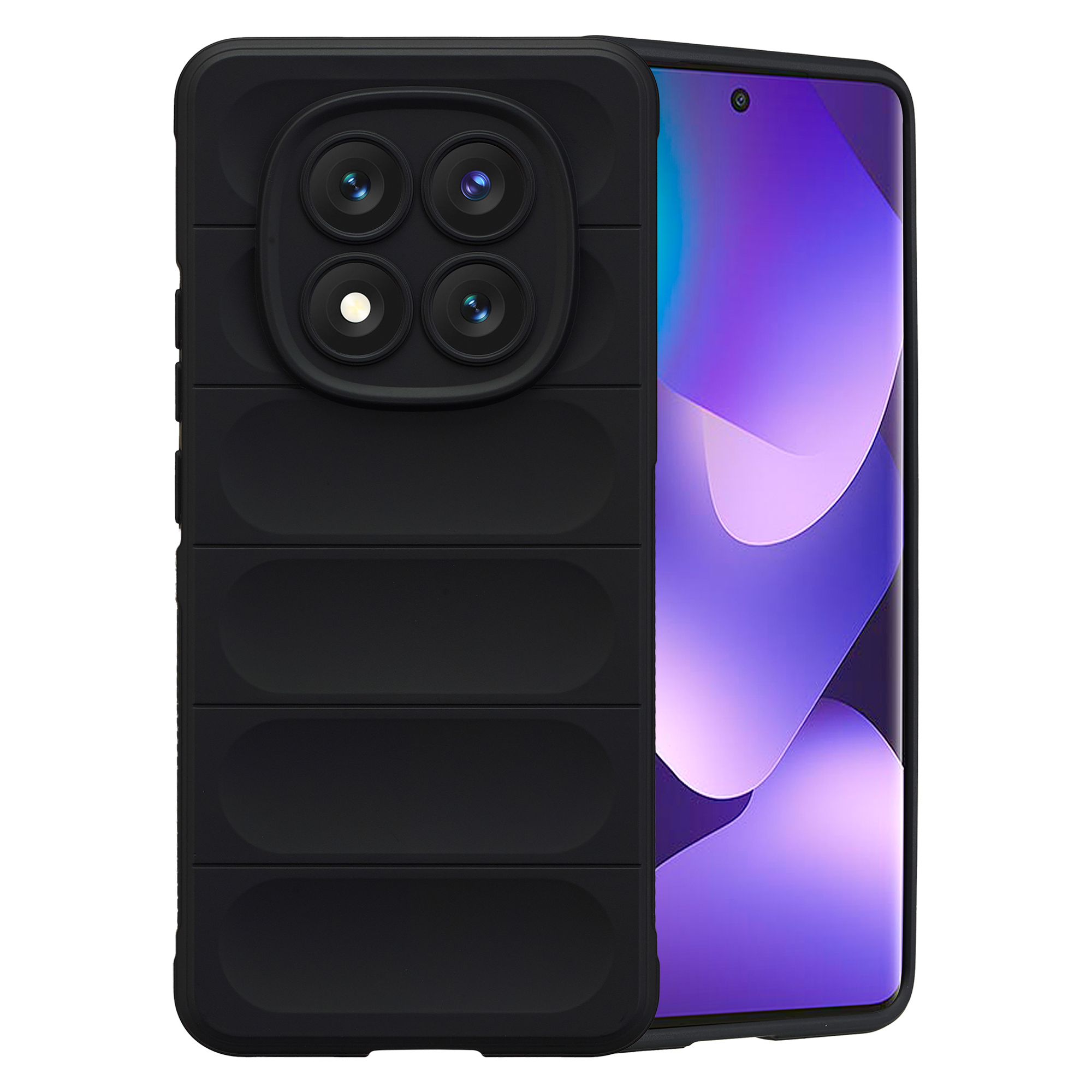 Coque de téléphone noire avec quatre caméras et écran violet.