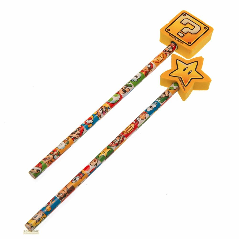 Zwei Bleistifte mit Mario-Figuren und einem Stern- bzw. Fragezeichen-Radiergummi.