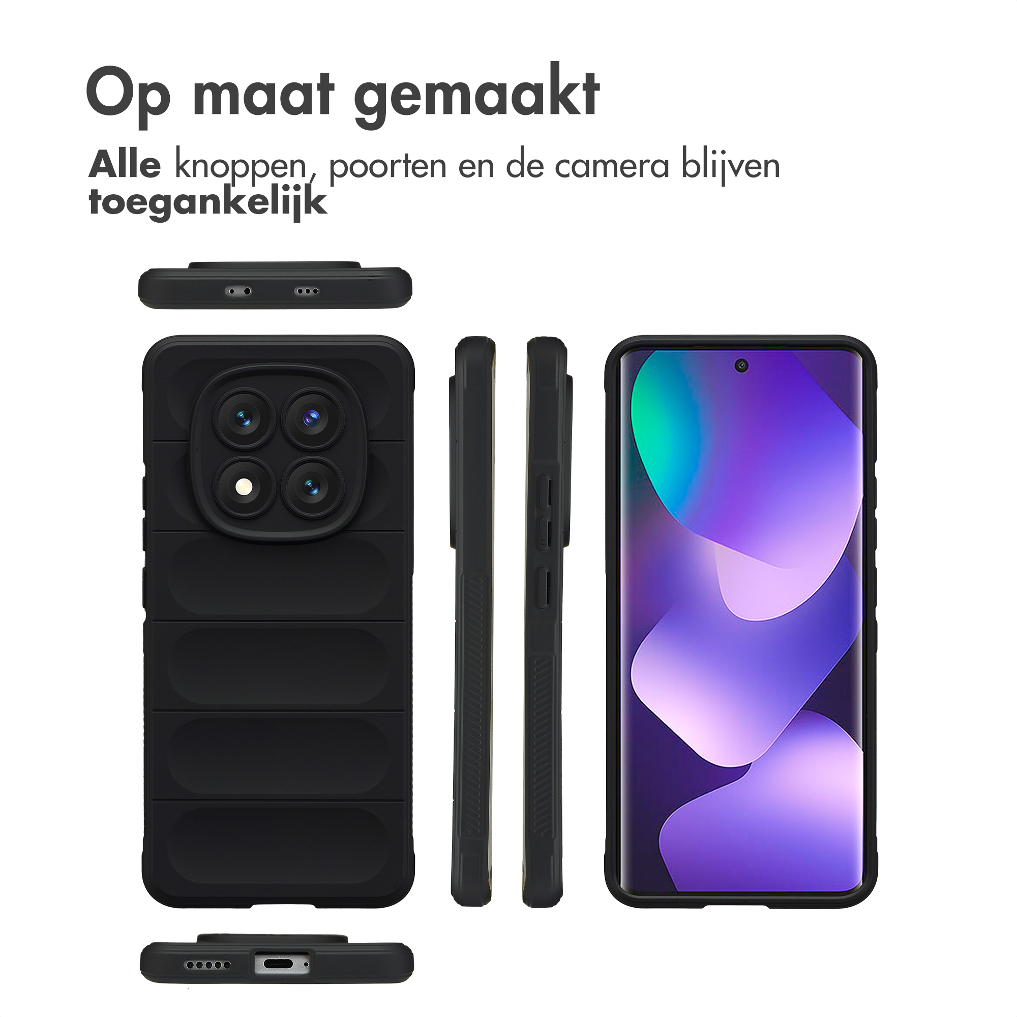 Coque de téléphone noire avec quatre caméras, boutons latéraux et port de charge.