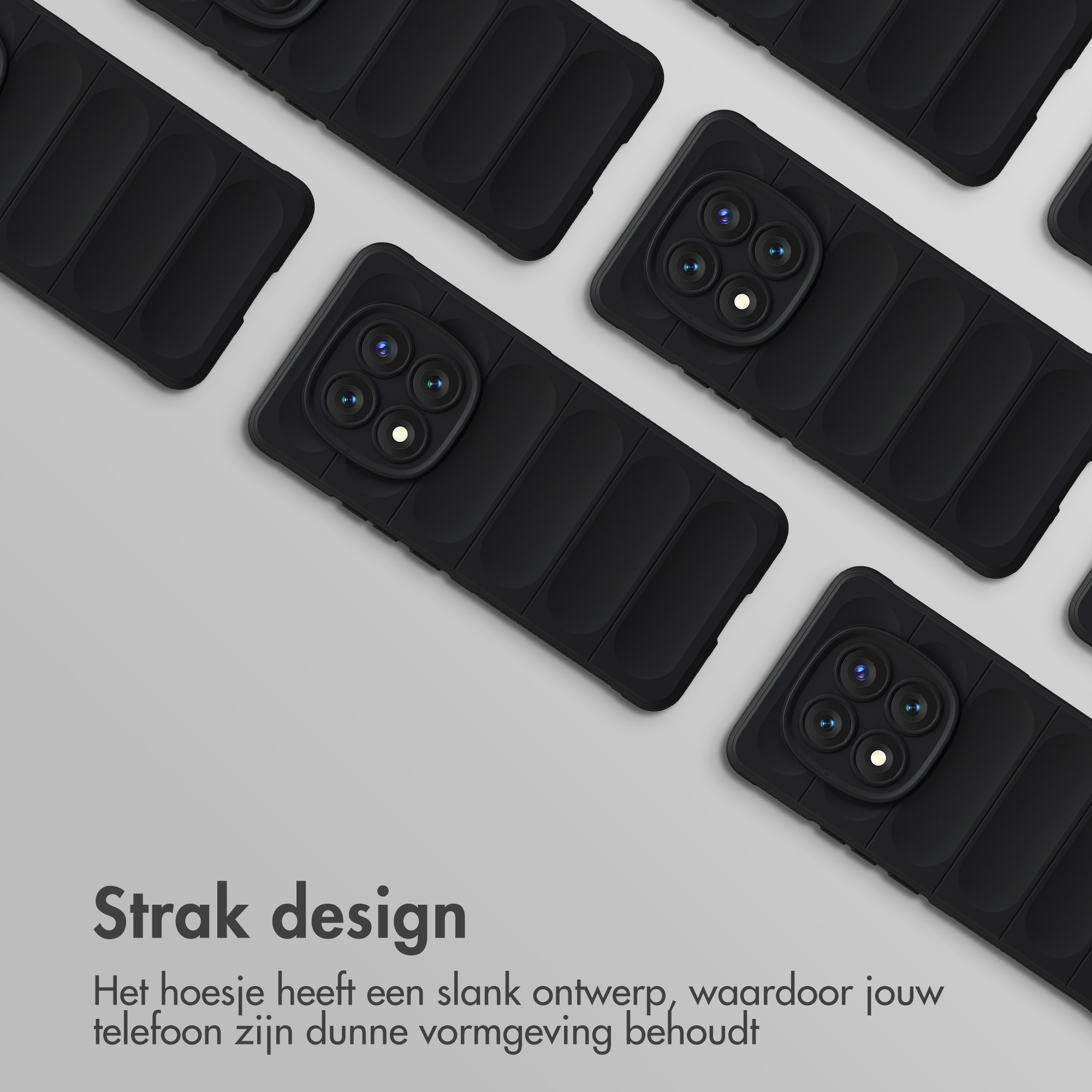 Plusieurs coques de téléphone noires avec des crêtes verticales et des modules photo.