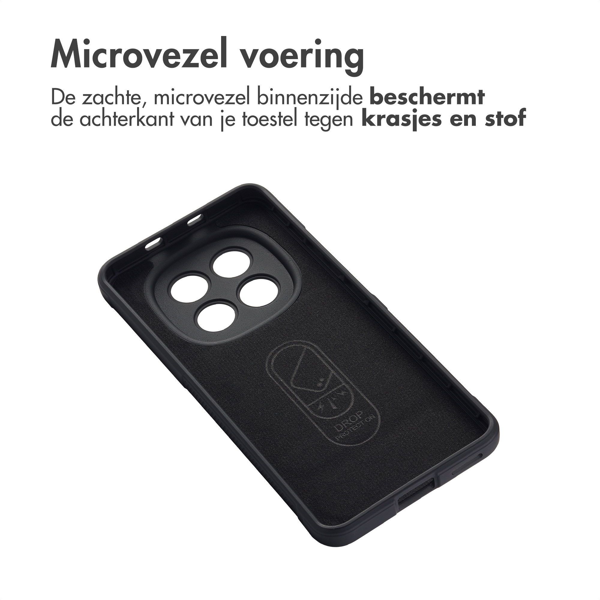 Intérieur de coque de téléphone noire avec découpe caméra et texte.