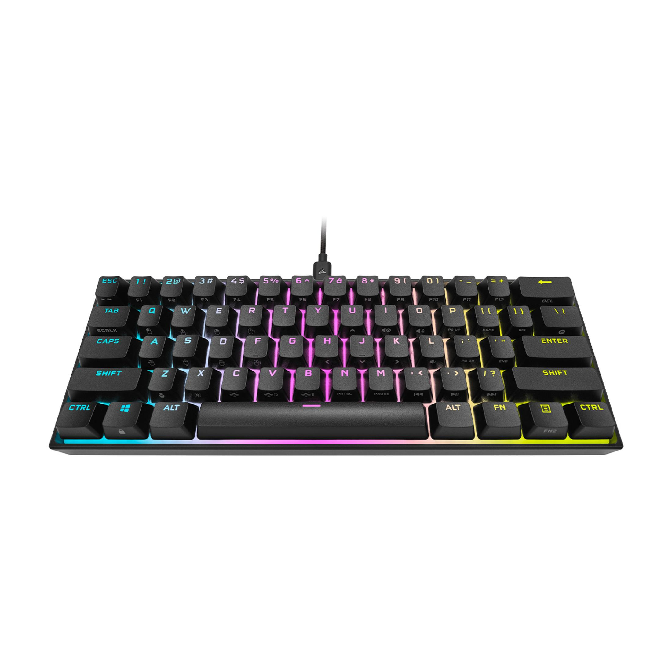 Tastiera meccanica nera con retroilluminazione RGB, vista ravvicinata.