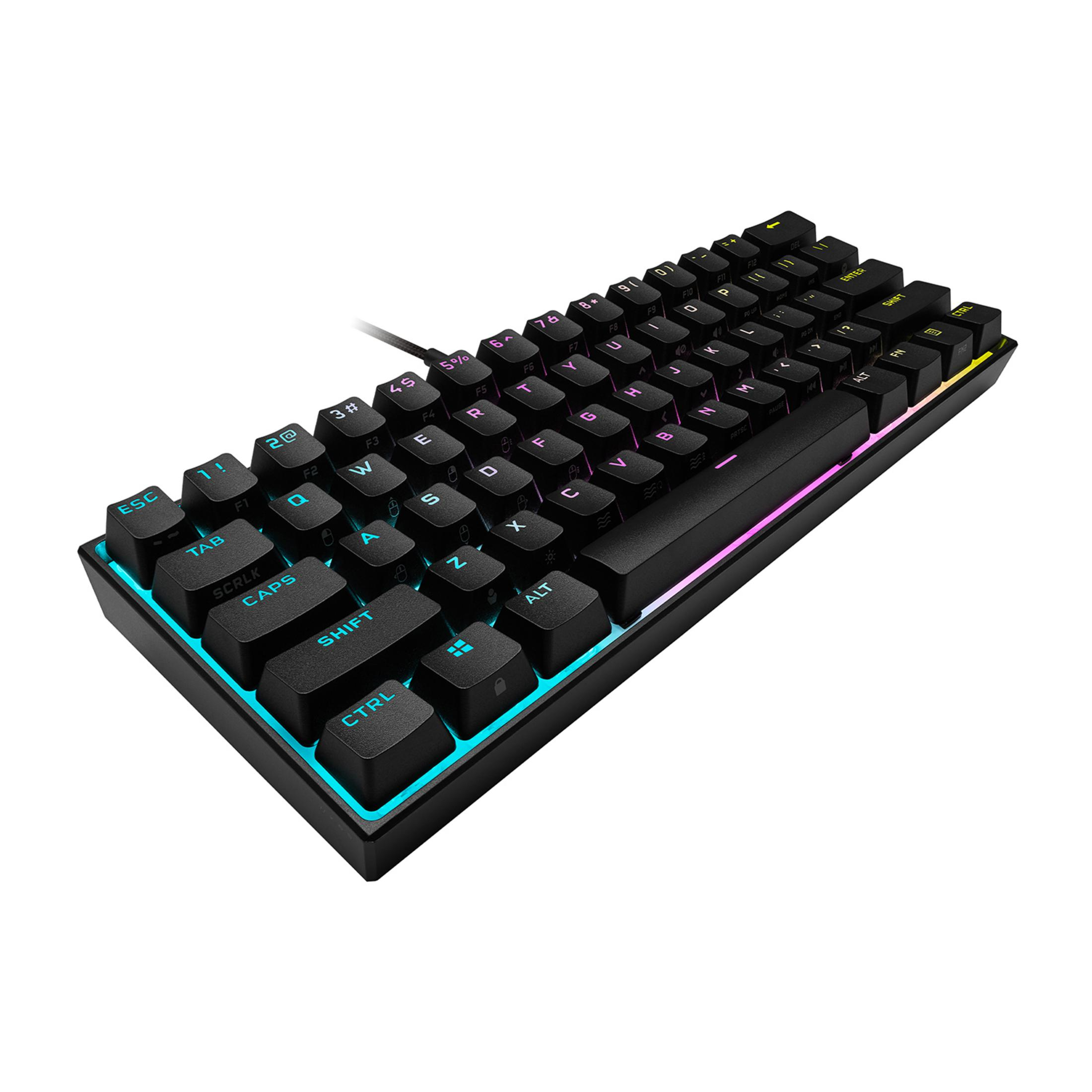 Tastiera compatta nera con illuminazione RGB e leggende dettagliate sui tasti.