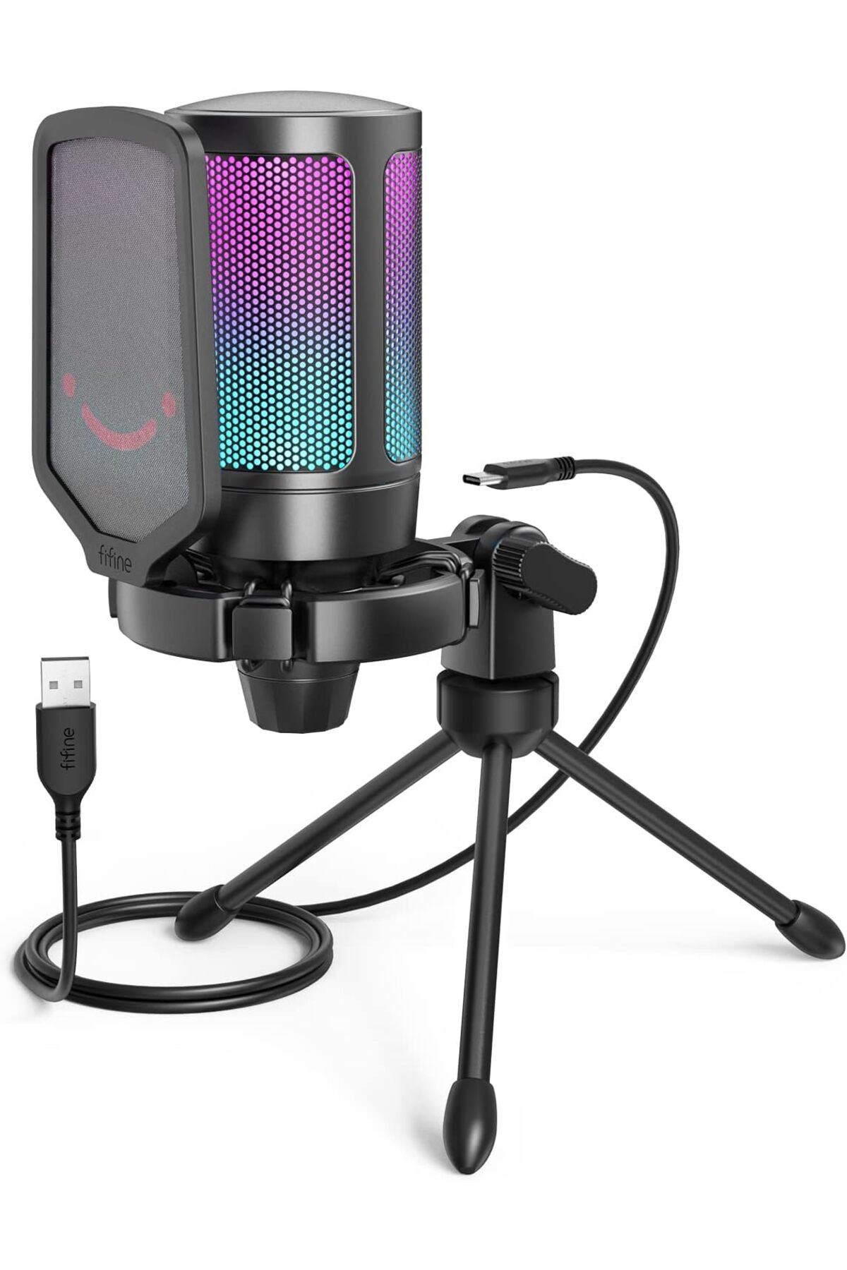 Renkli LED ışıklı siyah mikrofon, pop filtreli bir tripod üzerinde duruyor.
