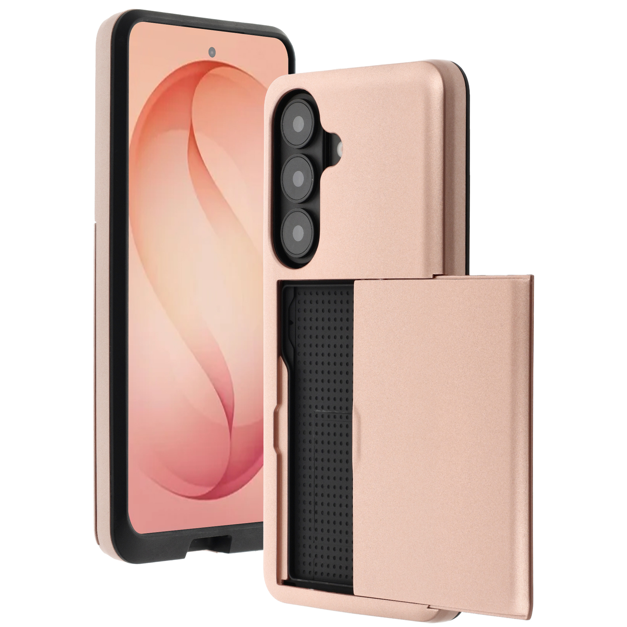 Een roségouden telefoon met een hoesje met kaarthouder.
