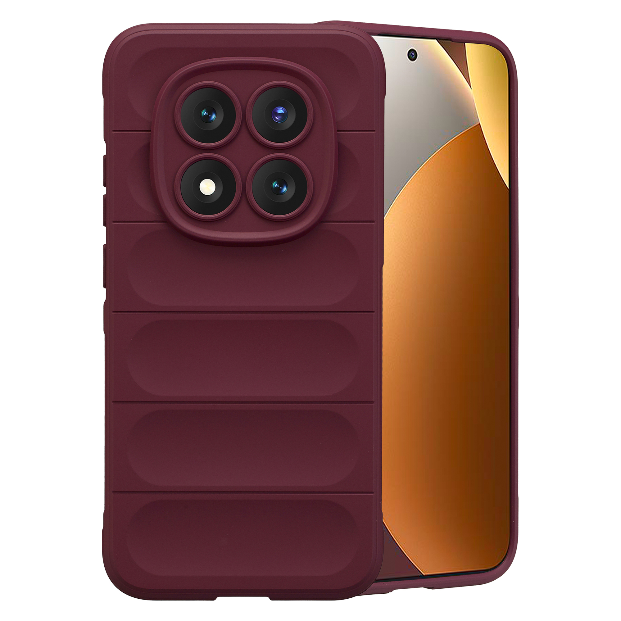 Une coque de téléphone rouge foncé avec quatre caméras et un écran orange.