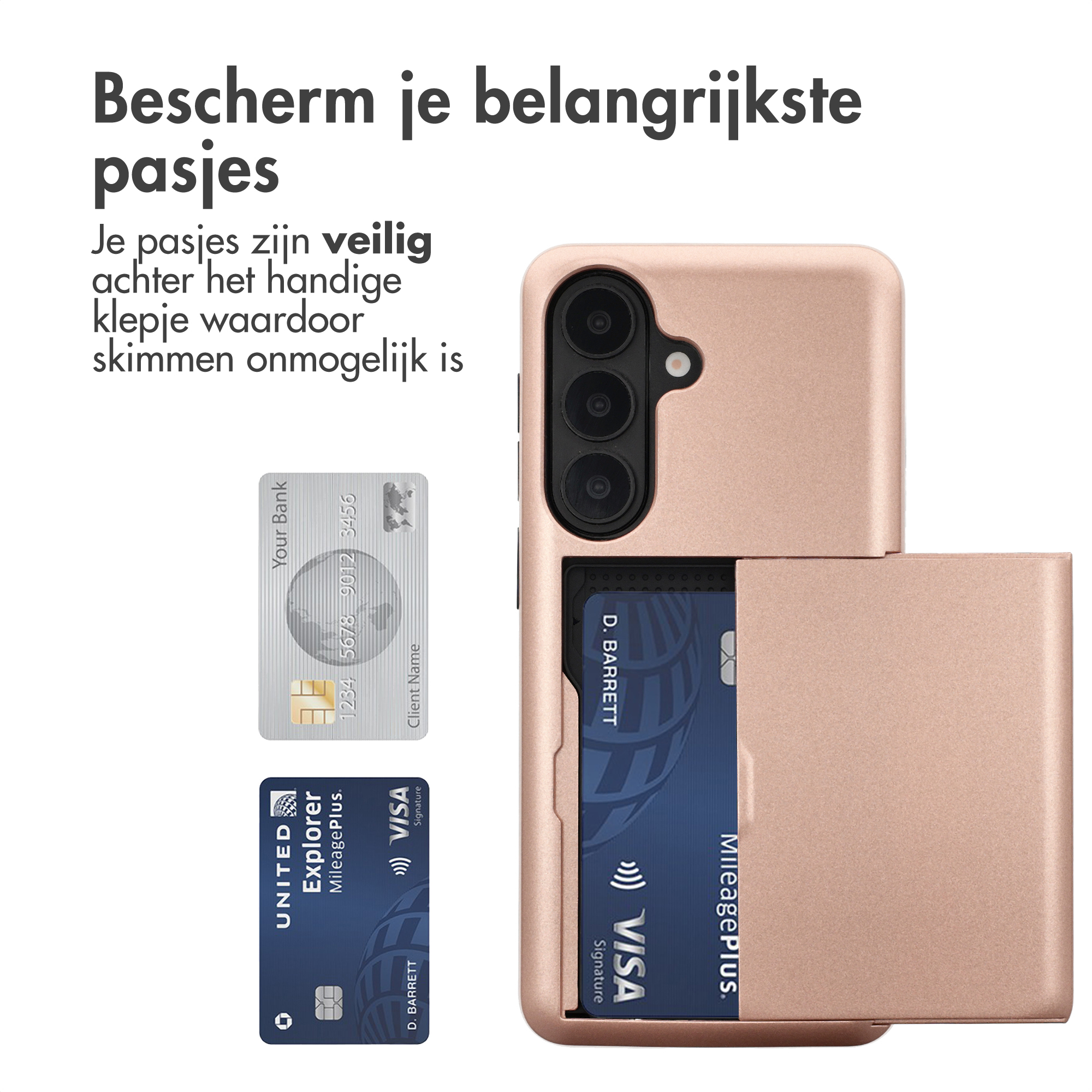 Een roségouden telefoonhoesje met kaartsleuf toont twee creditcards.