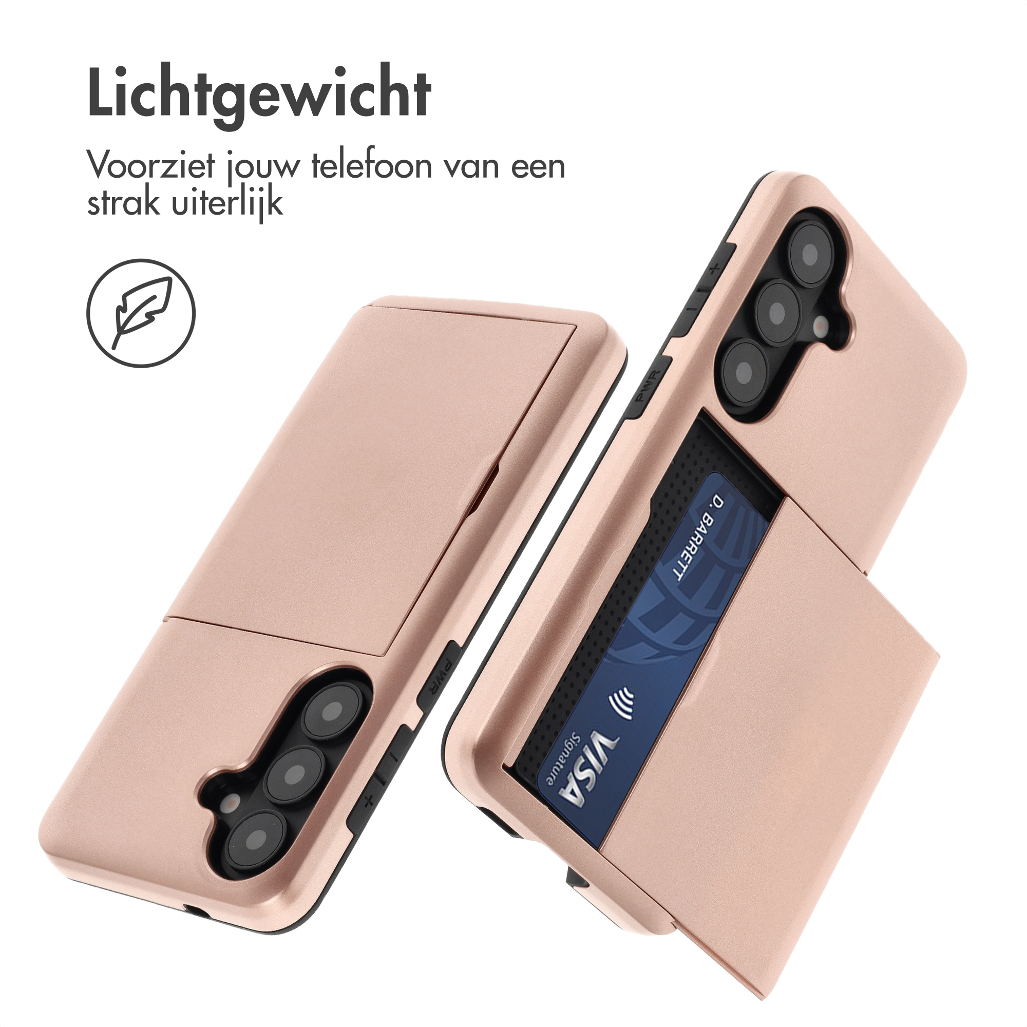 Twee chique, roségouden telefoonhoesjes met kaarthouder en camera-uitsparing.
