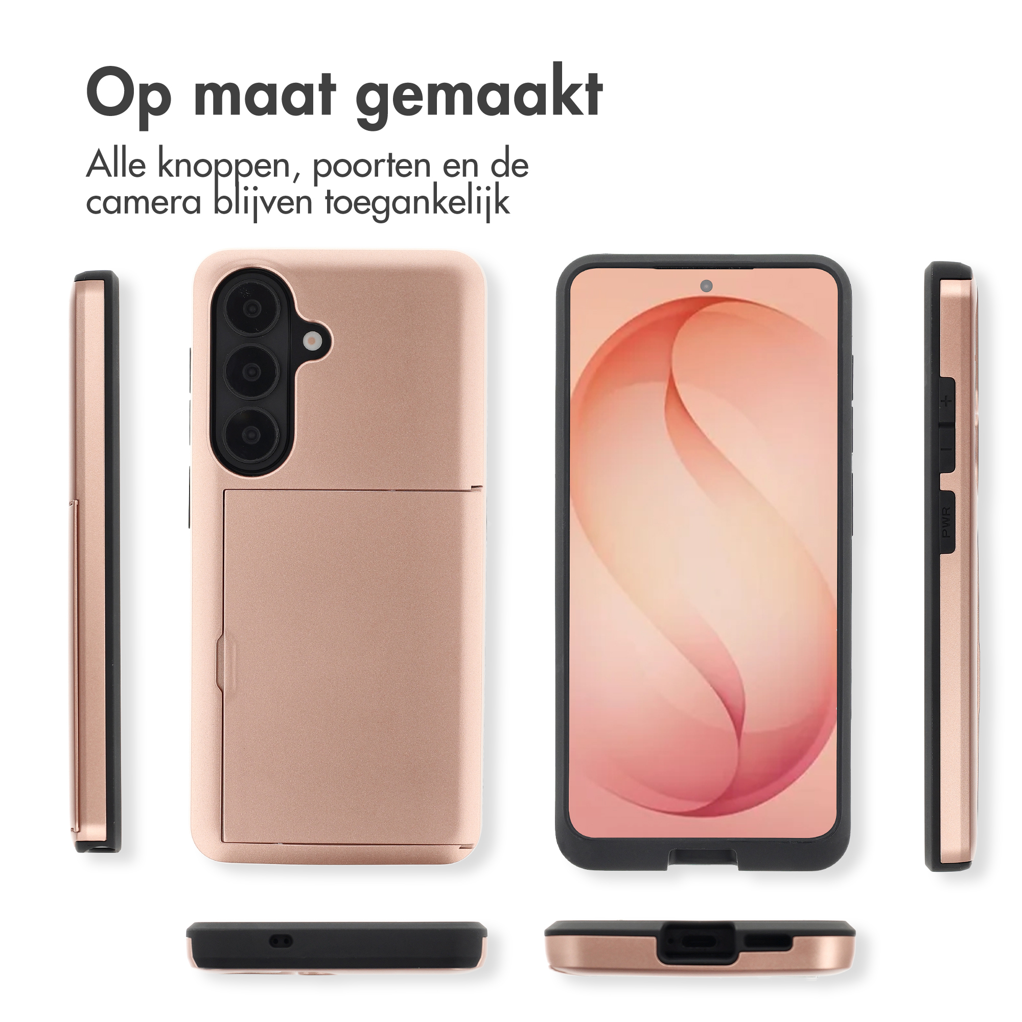 Een roségouden telefoonhoesje en een telefoon met roze achtergrond.