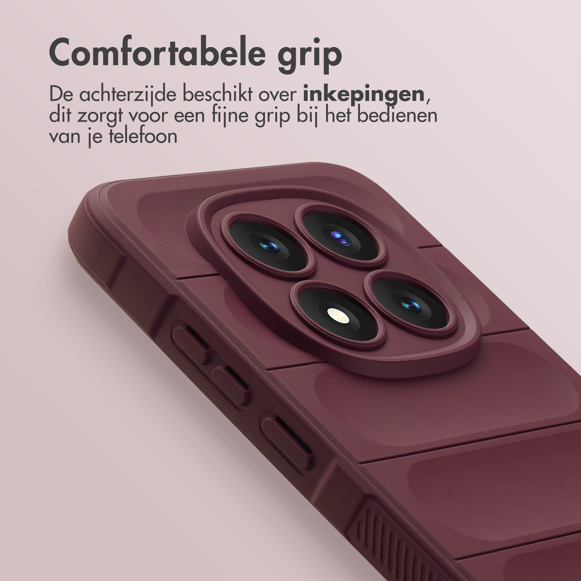 Coque de téléphone bordeaux avec module caméra et renfoncements pour une meilleure prise.