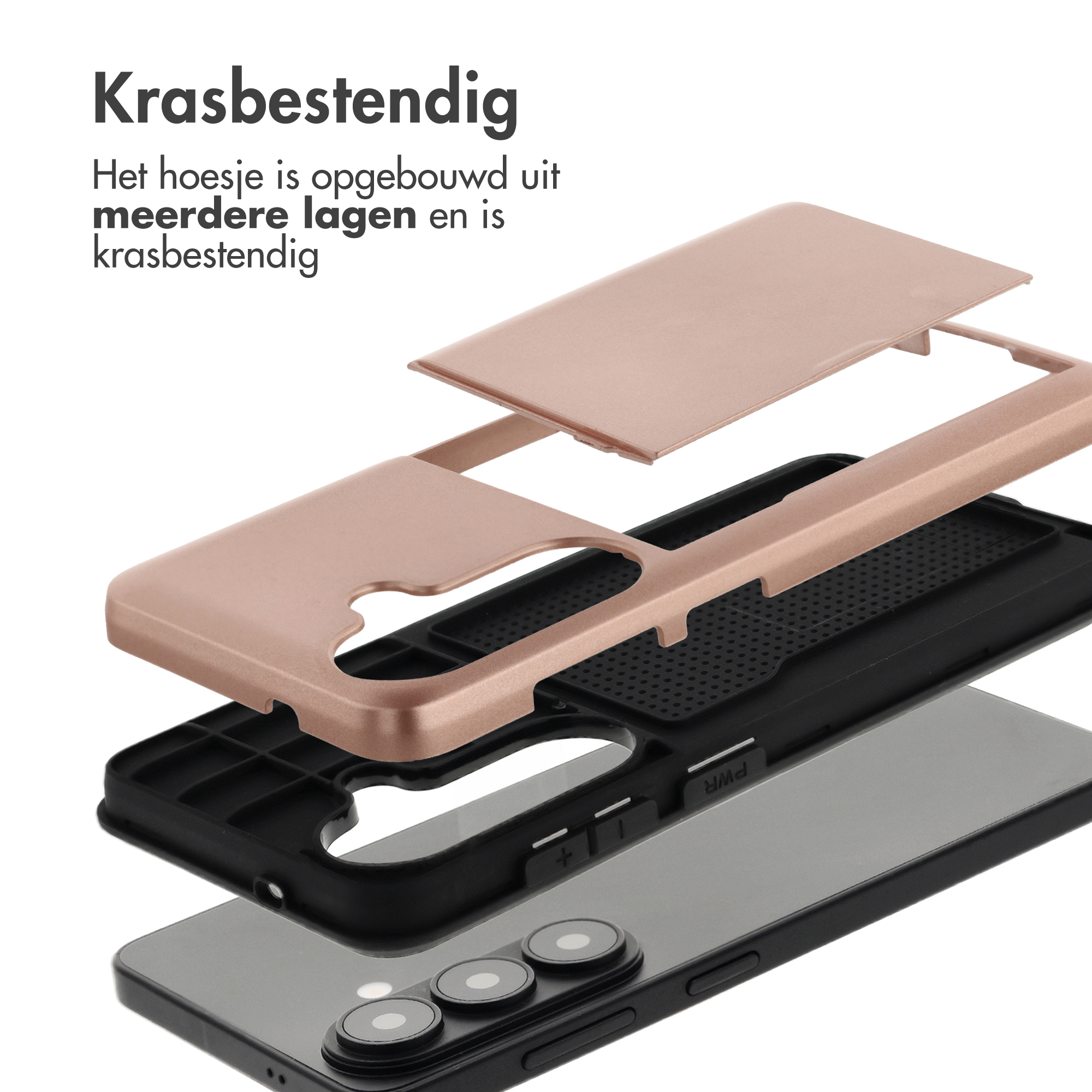 Explosie weergave van een roségouden telefoonhoesje over een smartphone.