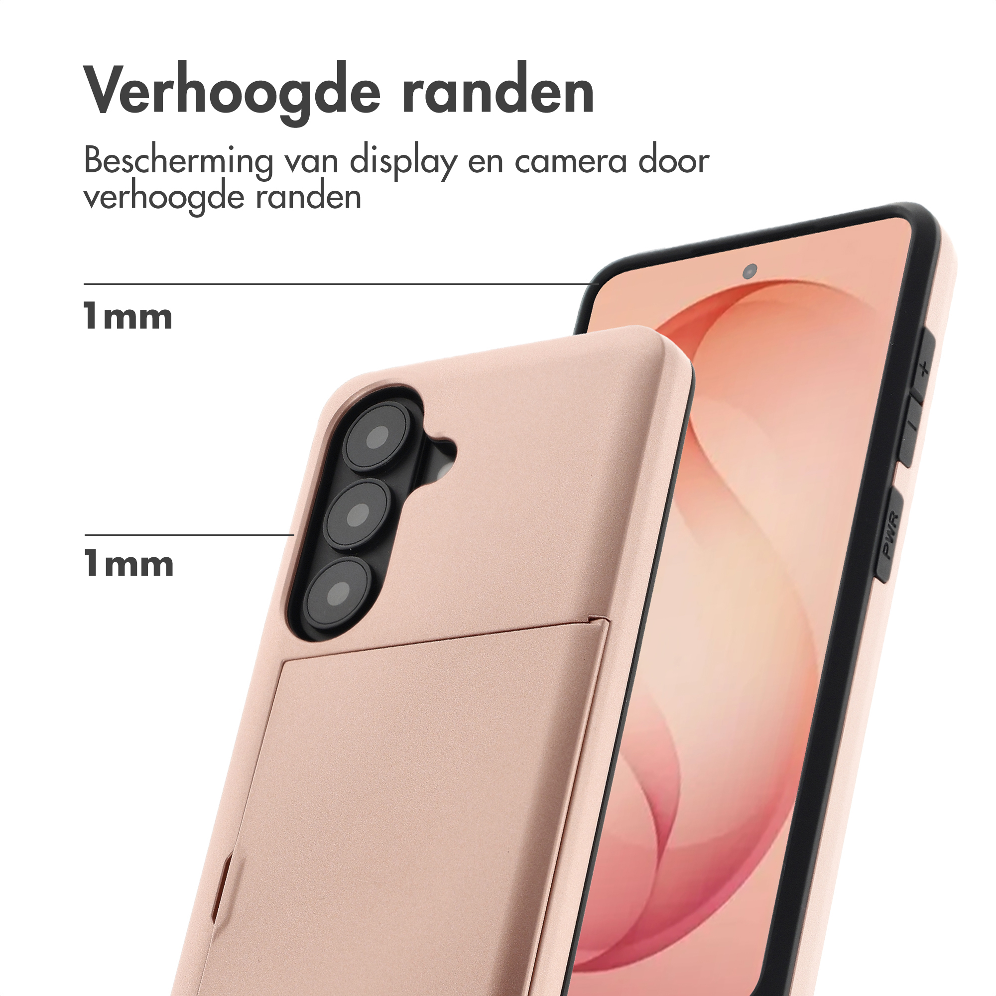Een roségouden telefoonhoes met verhoogde randen en camerabehuizing.