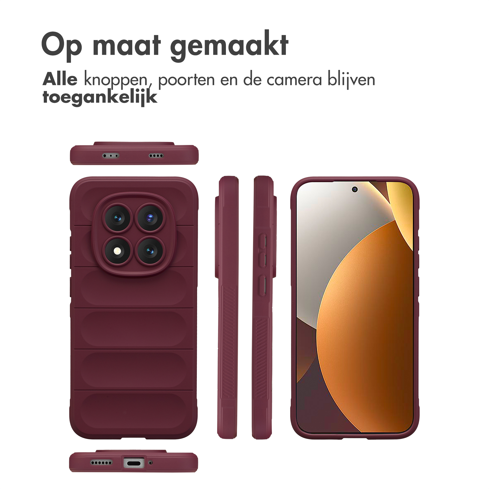 Coque de téléphone bordeaux avec quatre objectifs et un écran.