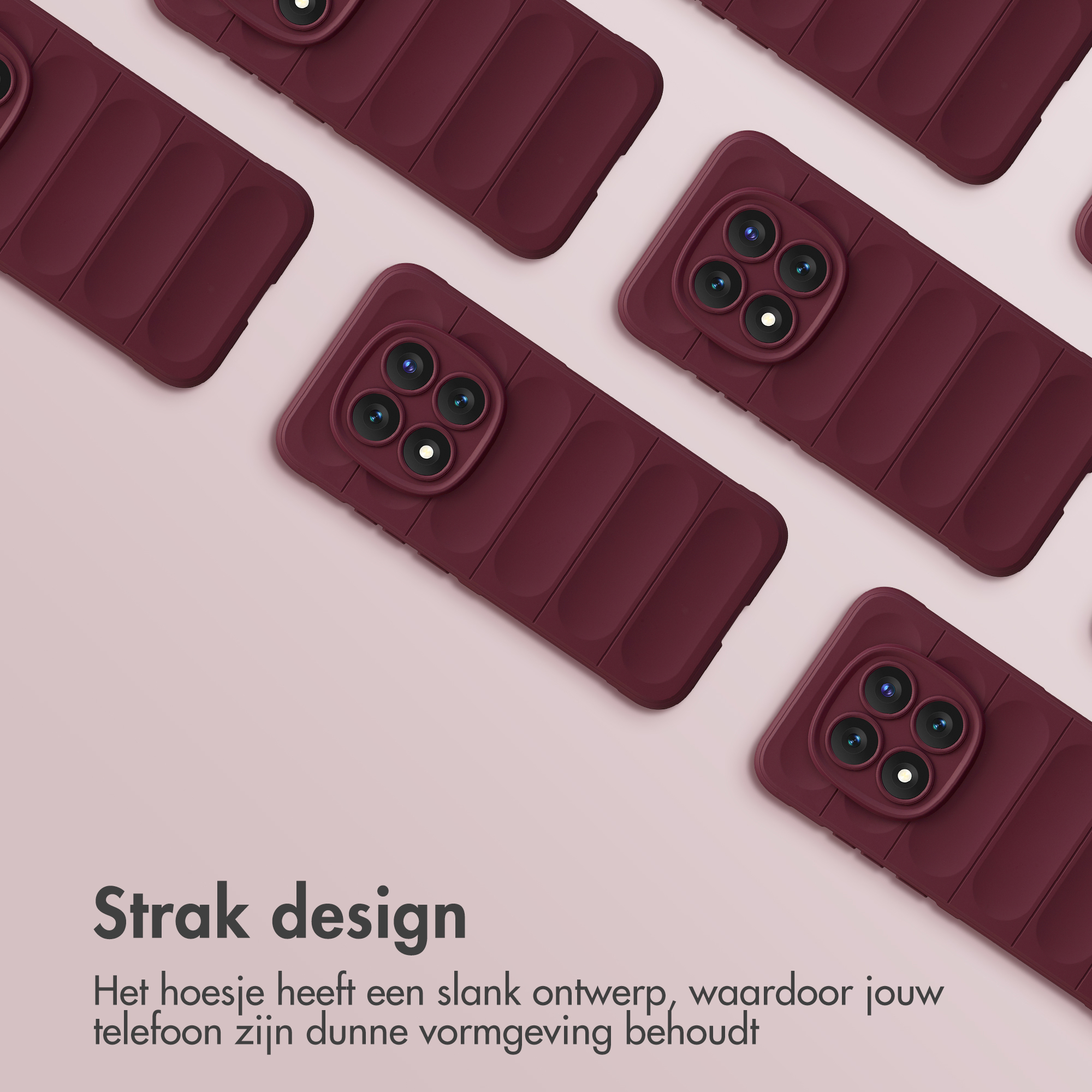 Plusieurs coques de téléphone bordeaux avec systèmes de caméra disposées sur un fond rose pâle.