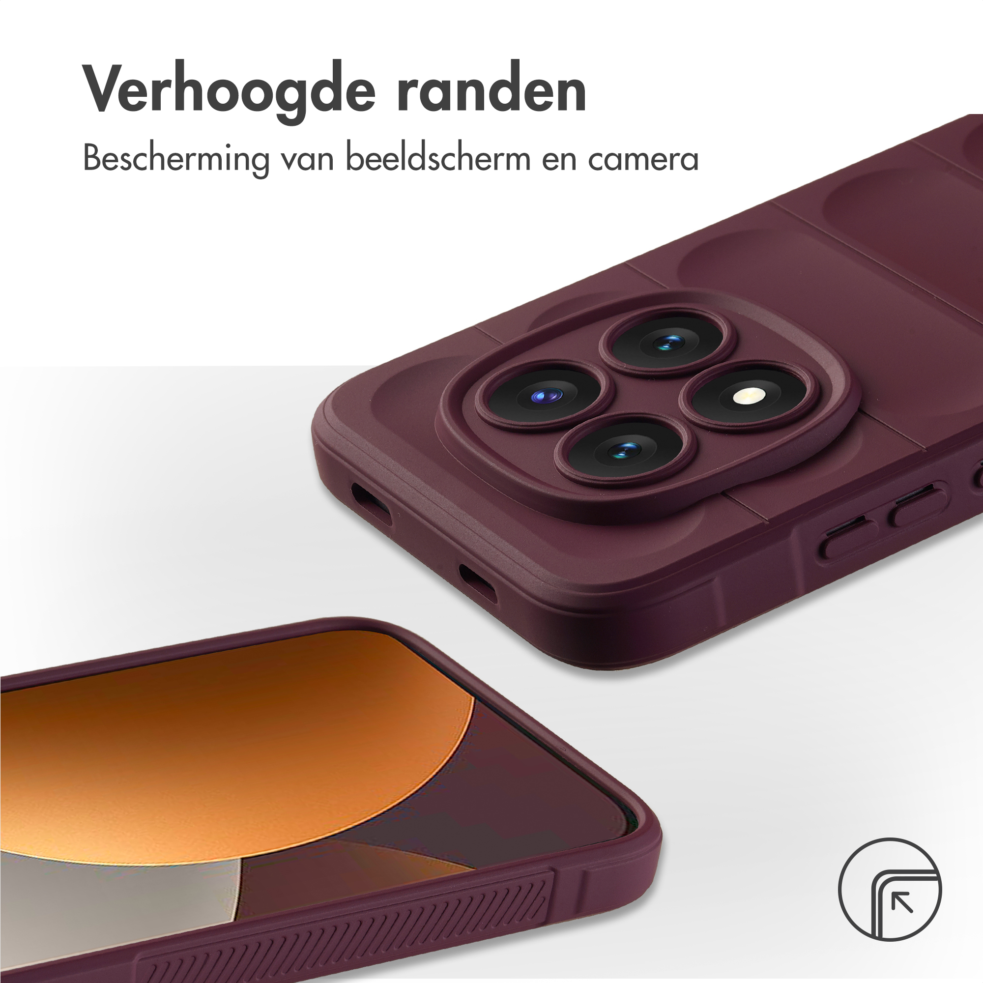 Une coque de téléphone rouge foncé aux bords surélevés protège l'écran et la caméra.