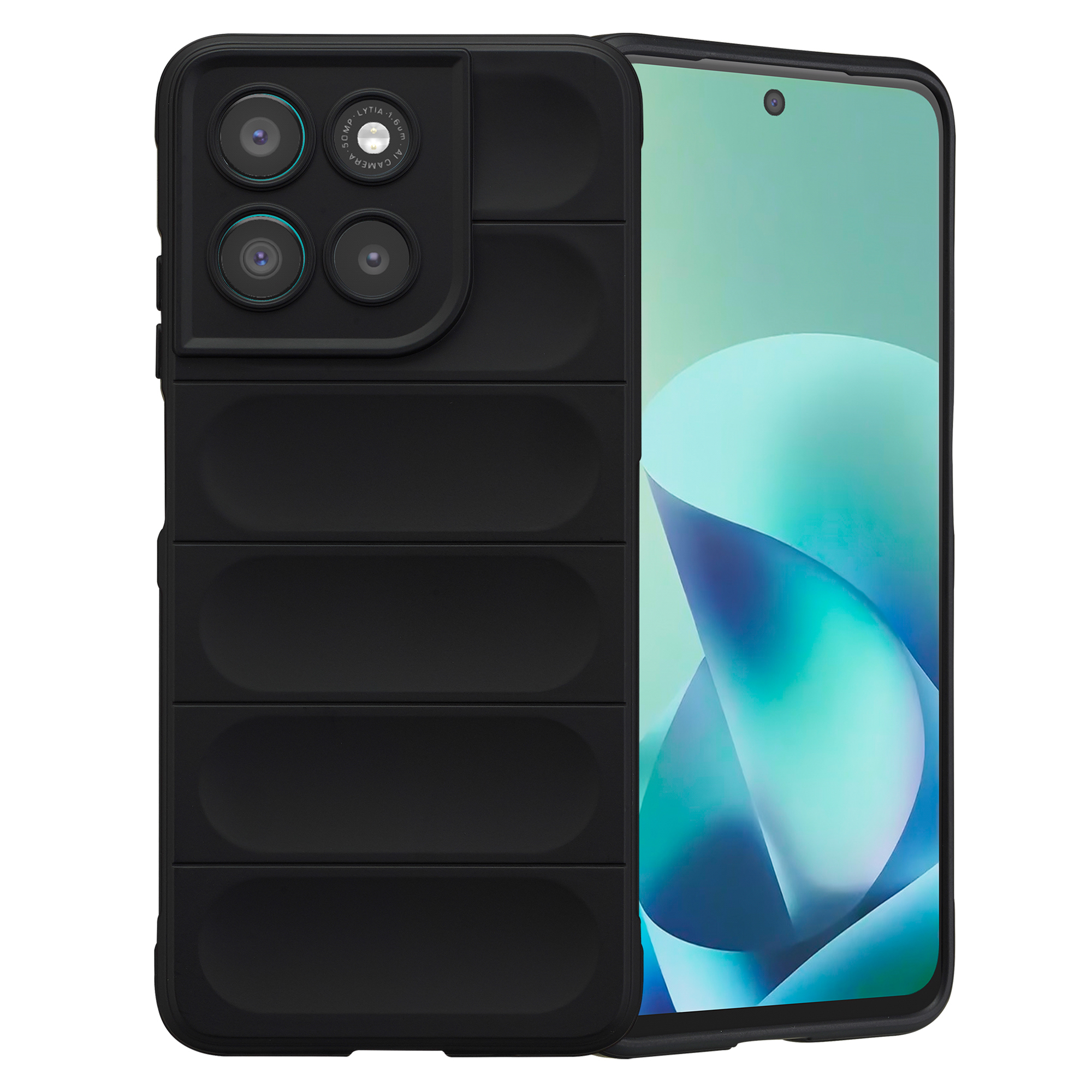 Zwarte smartphone met vier camera's en een geribbelde hoes aan de linkerkant.